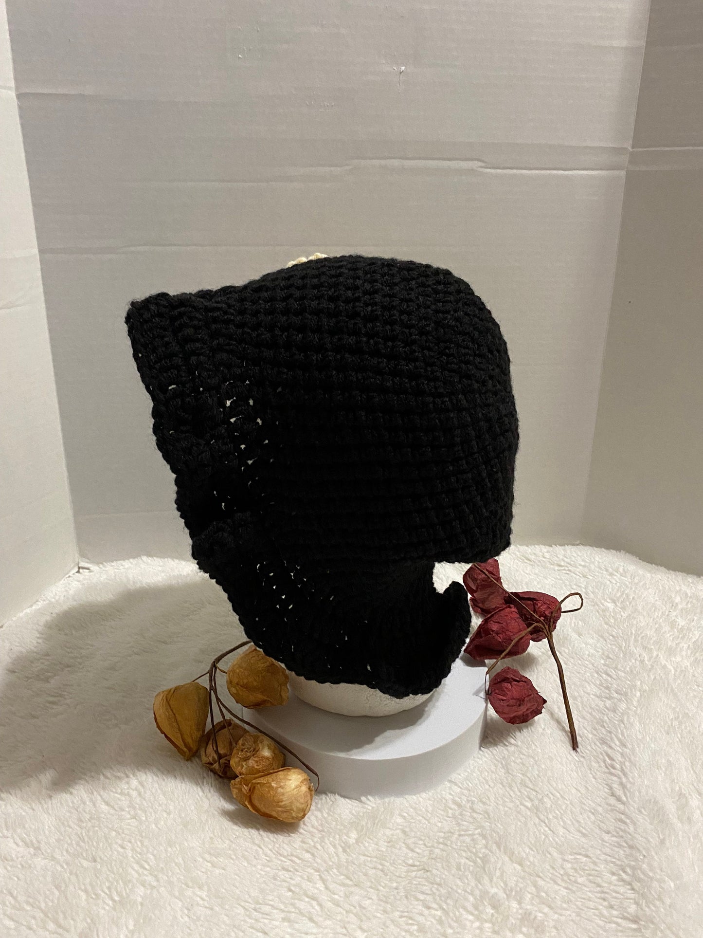 Black Crochet Bucket Hat with White Flower: Handmade Acrylic Hat
