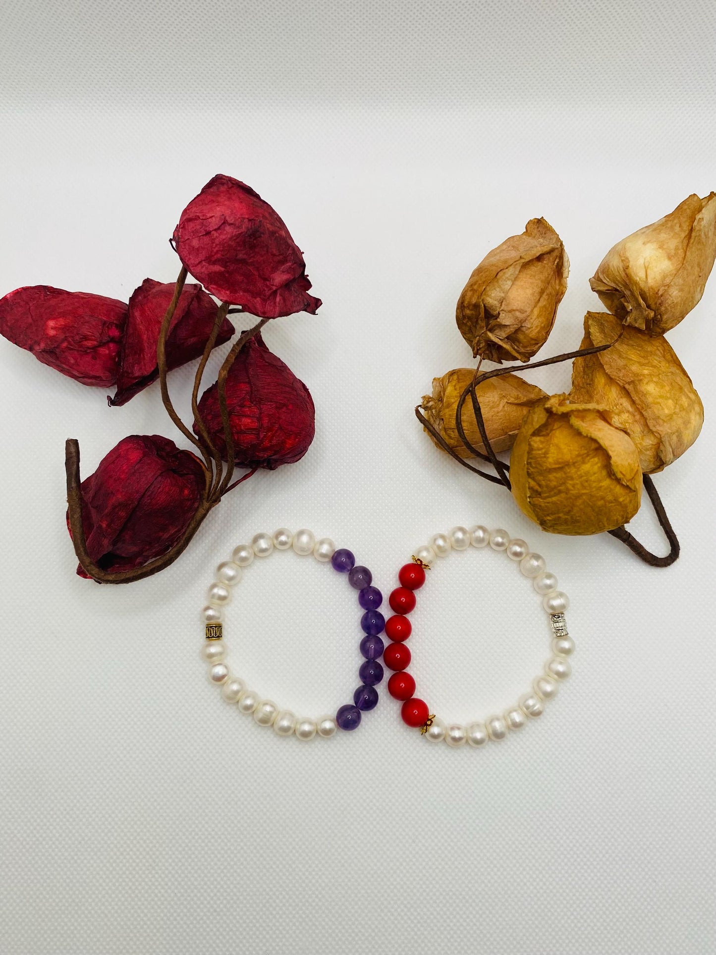 Amethyst, Coral & Pearl Bracelet Set: Handmade Gemstone Jewelry