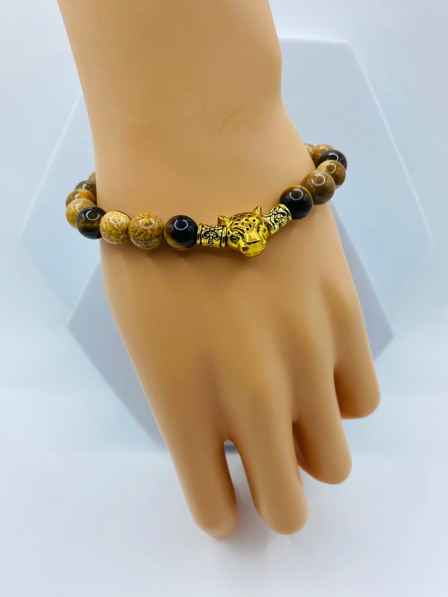 Mens Leopard Bracelet: Jasper & Tiger's Eye Gemstone Beads