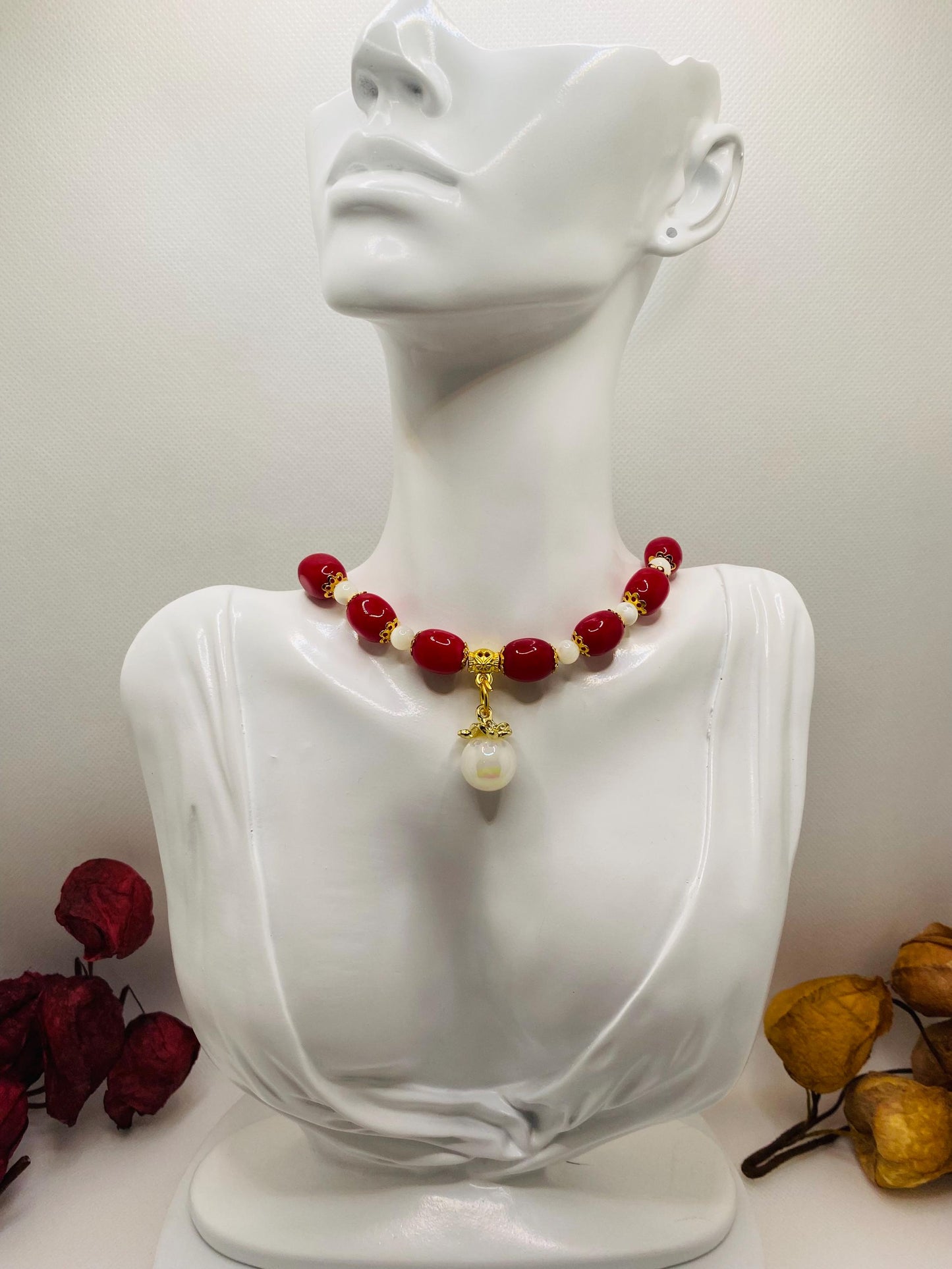 Handmade Red Jade Necklace: Mother of Pearl, Faux Pearl Pendant