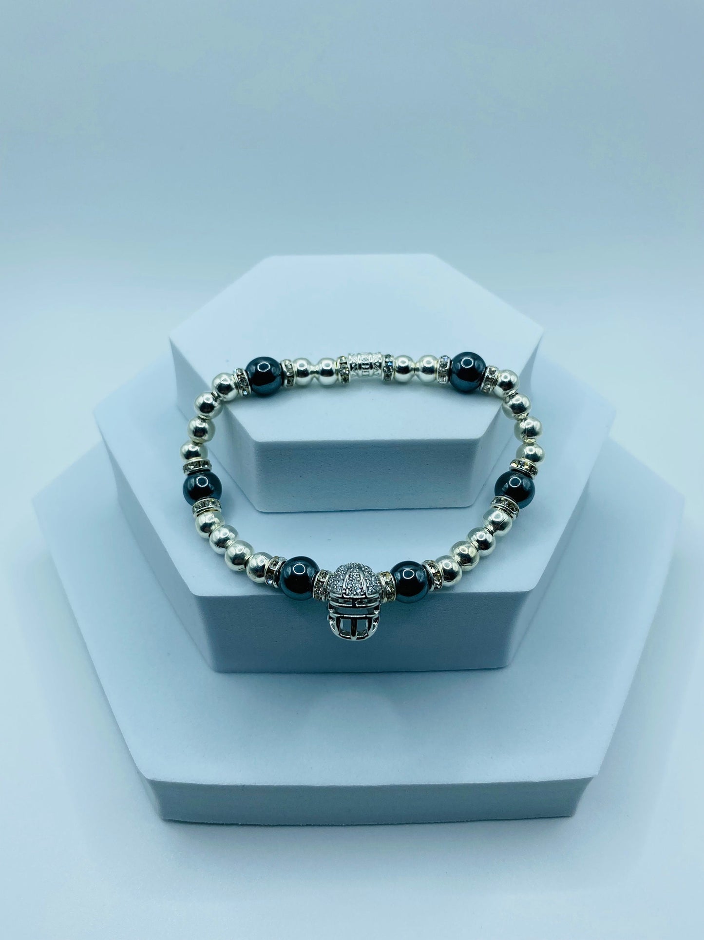 Las Vegas Raiders Bracelet: Hematite Beads, CZ Football Helmet