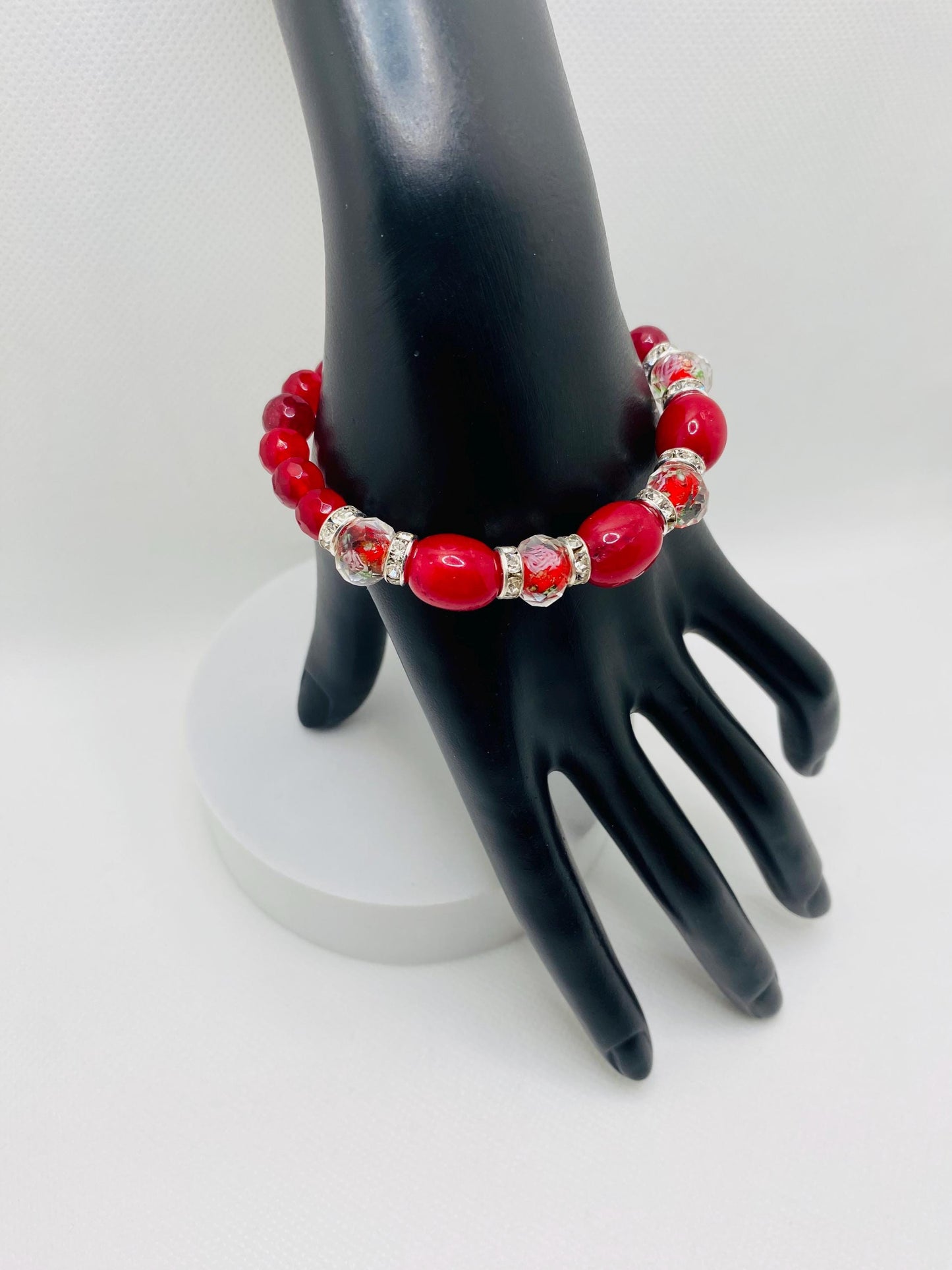 Red Jade Bracelet: Lampwork Glass & Agate Gemstone Beads