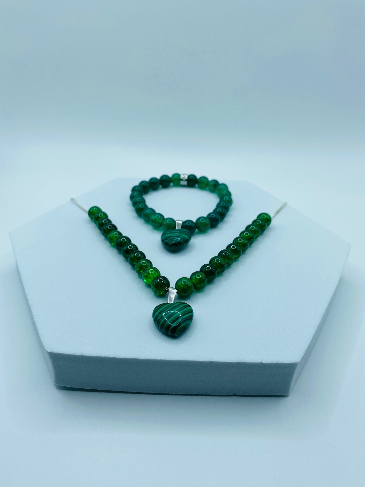Handmade Lampwork Glass Bead Jewelry Set: Malachite Heart Necklace & Bracelet