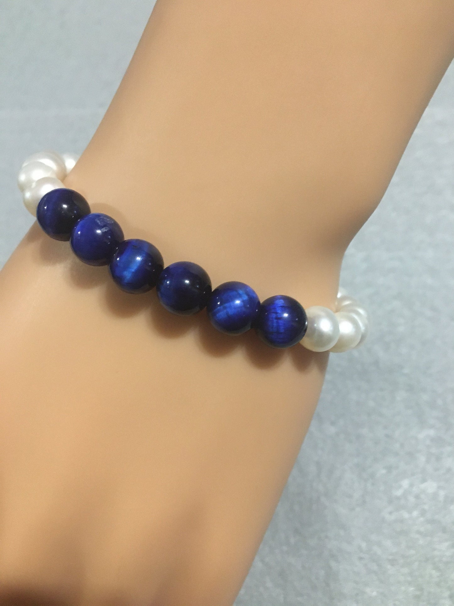 Handmade Pearl Bracelet: Blue Tiger's Eye Gemstone, 18k Gold Accents