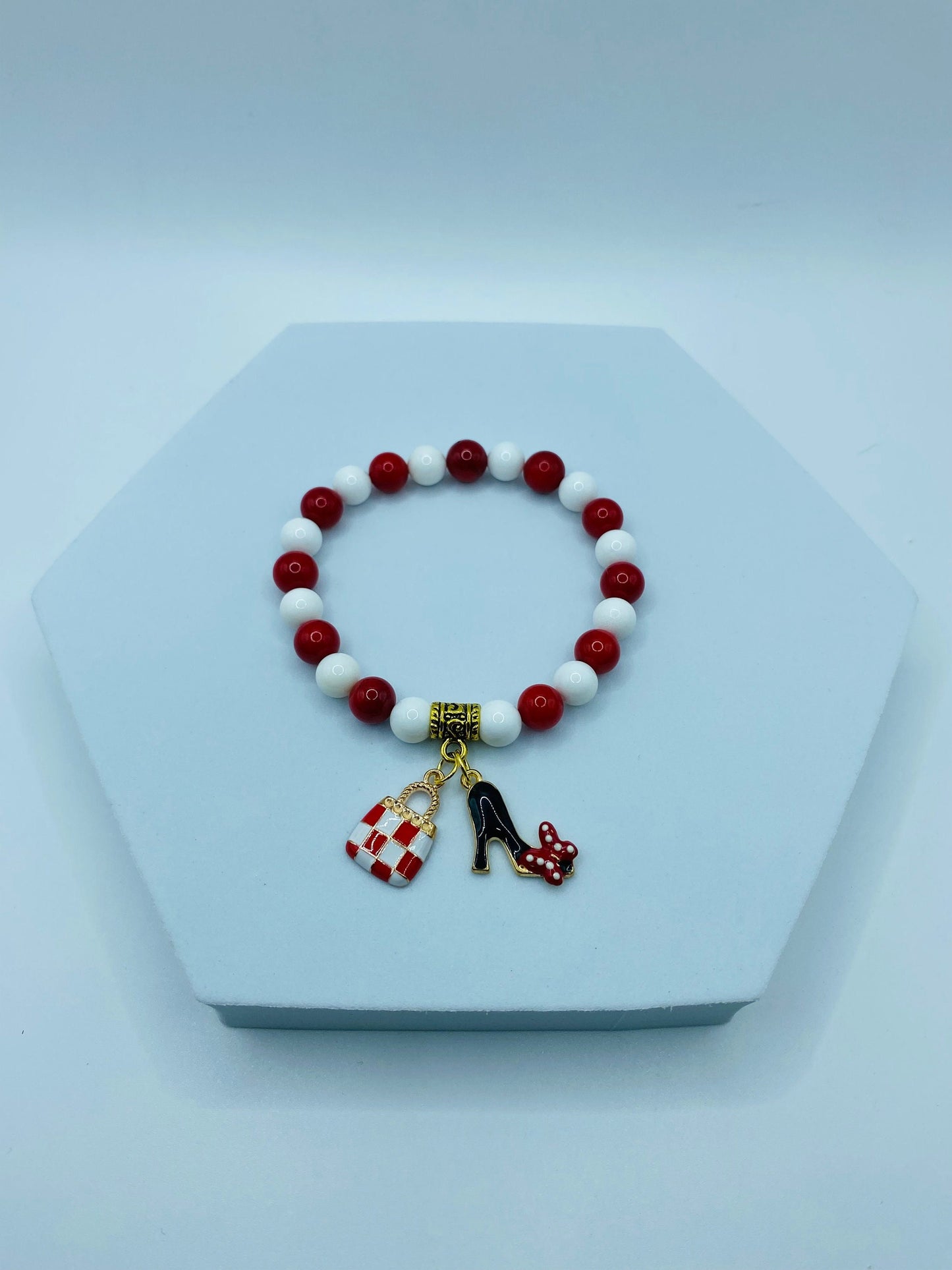 Charm Bracelets with Purse Charm & Shoe Charms - Red Coral, White Porcelain Gemstone Beads - Gifts for Her