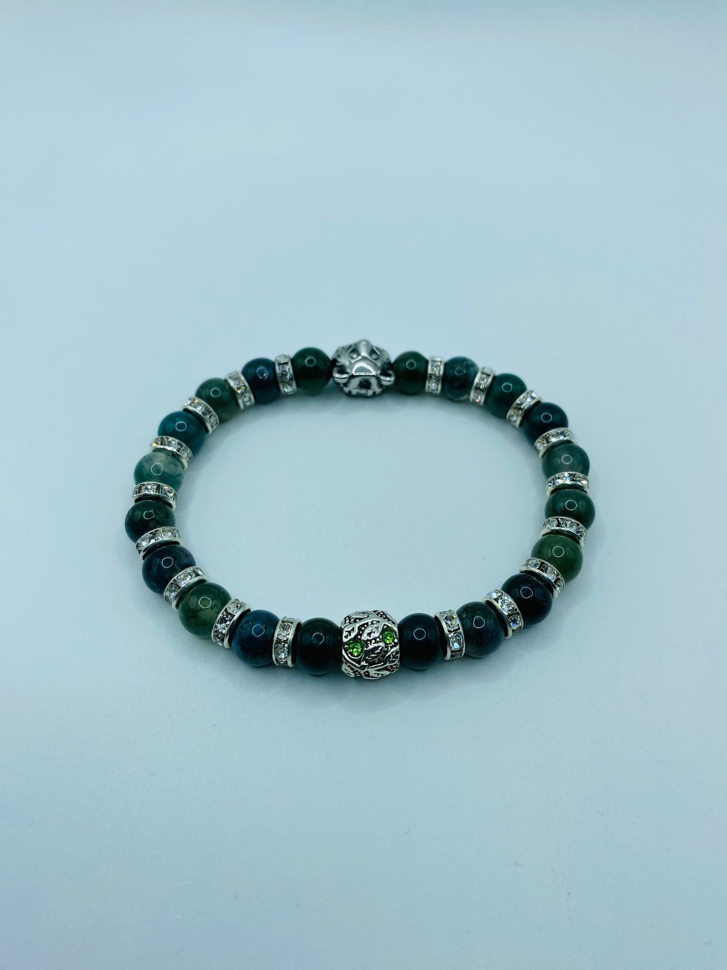 Mens Moss Agate Beaded Bracelet: Bear Charm, Rhinestone Spacers