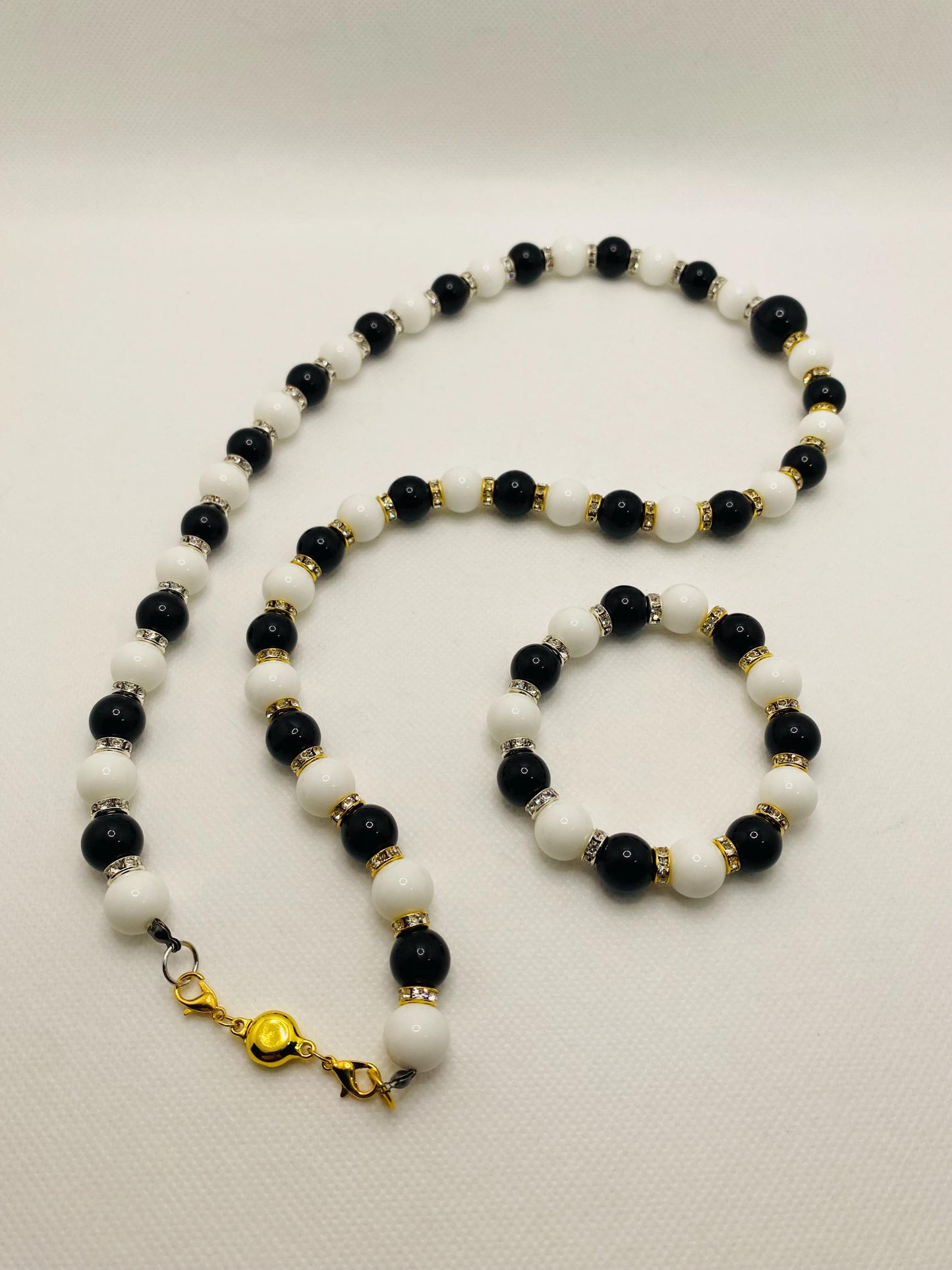 Handmade Onyx Necklace and Bracelet Set: Black and White Gemstone Jewelry