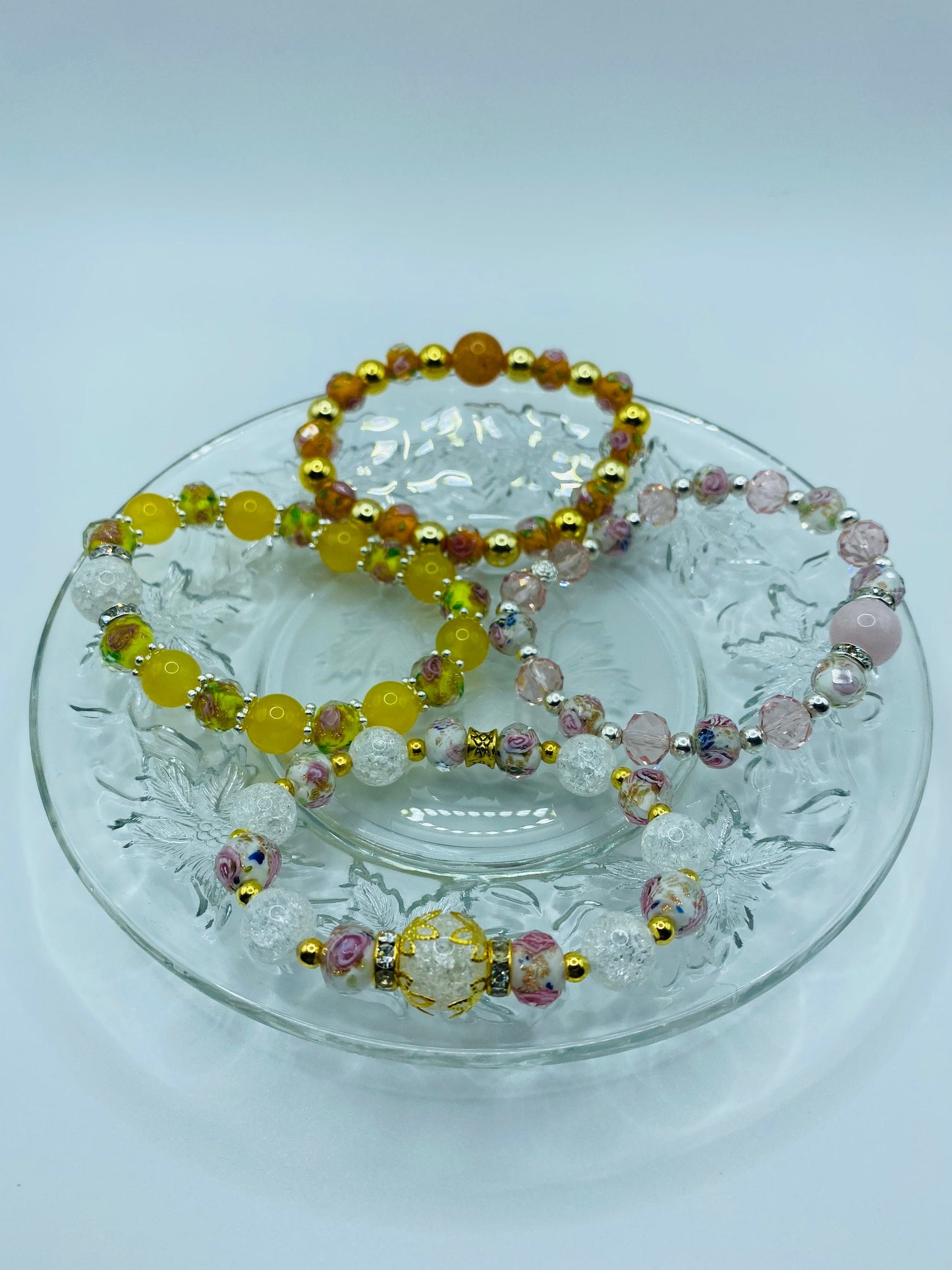 Quartz Crystal Bracelet: Lampwork Floral Glass & 18k Gold Hematite Beads