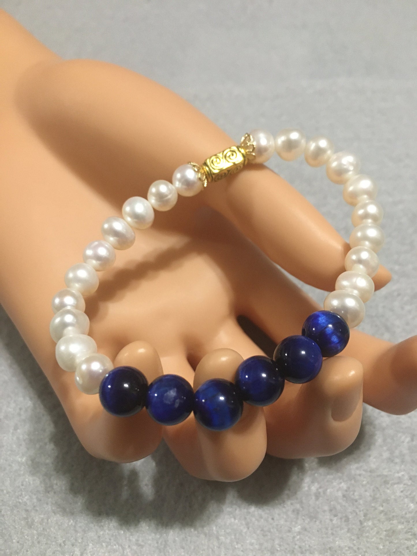 Handmade Pearl Bracelet: Blue Tiger's Eye Gemstone, 18k Gold Accents