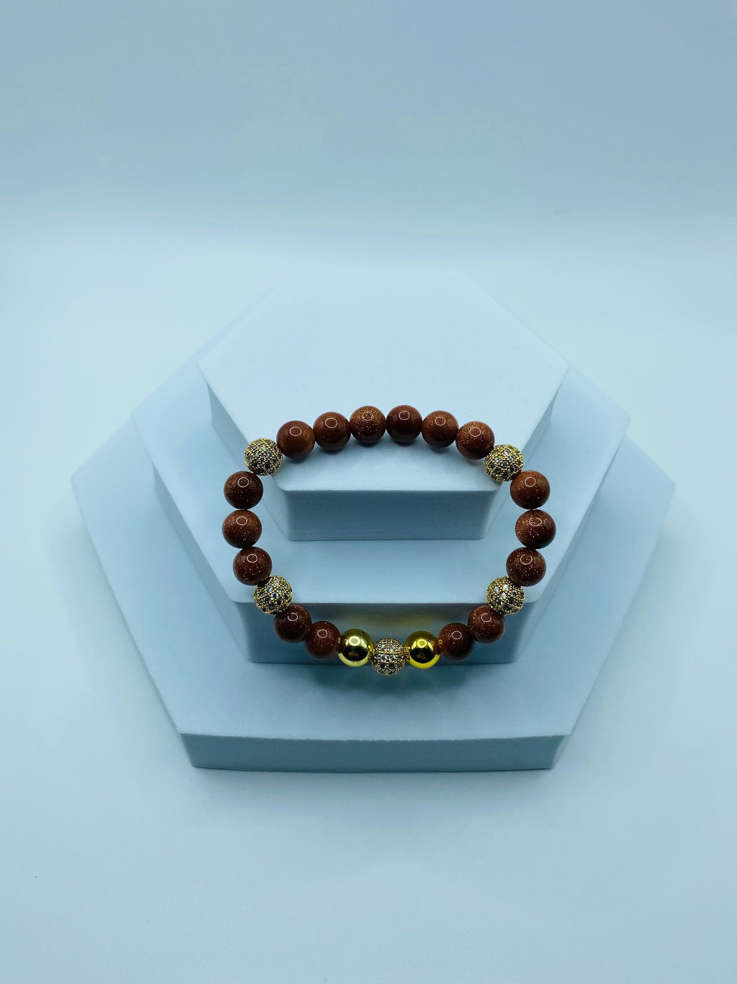 Goldstone Beaded Bracelet: 18k Gold Plated Hematite & CZ Crystals