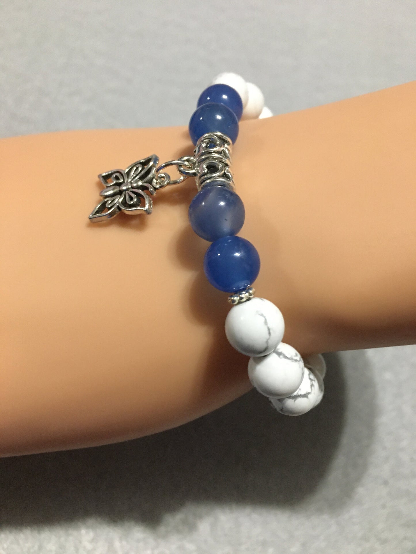 Butterfly Charm Bracelet: Blue Lace Agate & Howlite Gemstone Beads