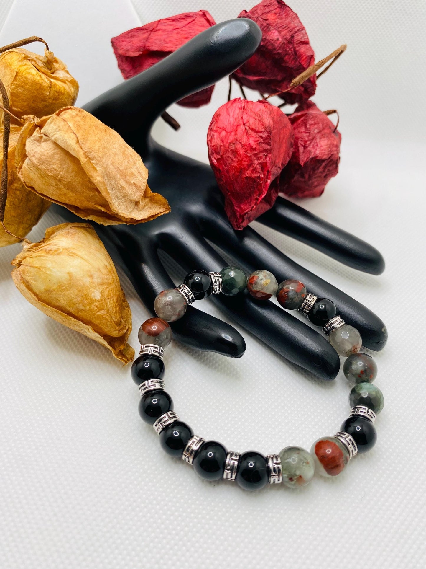Black Onyx & Jasper Bracelet: Tibetan Style Men's Jewelry