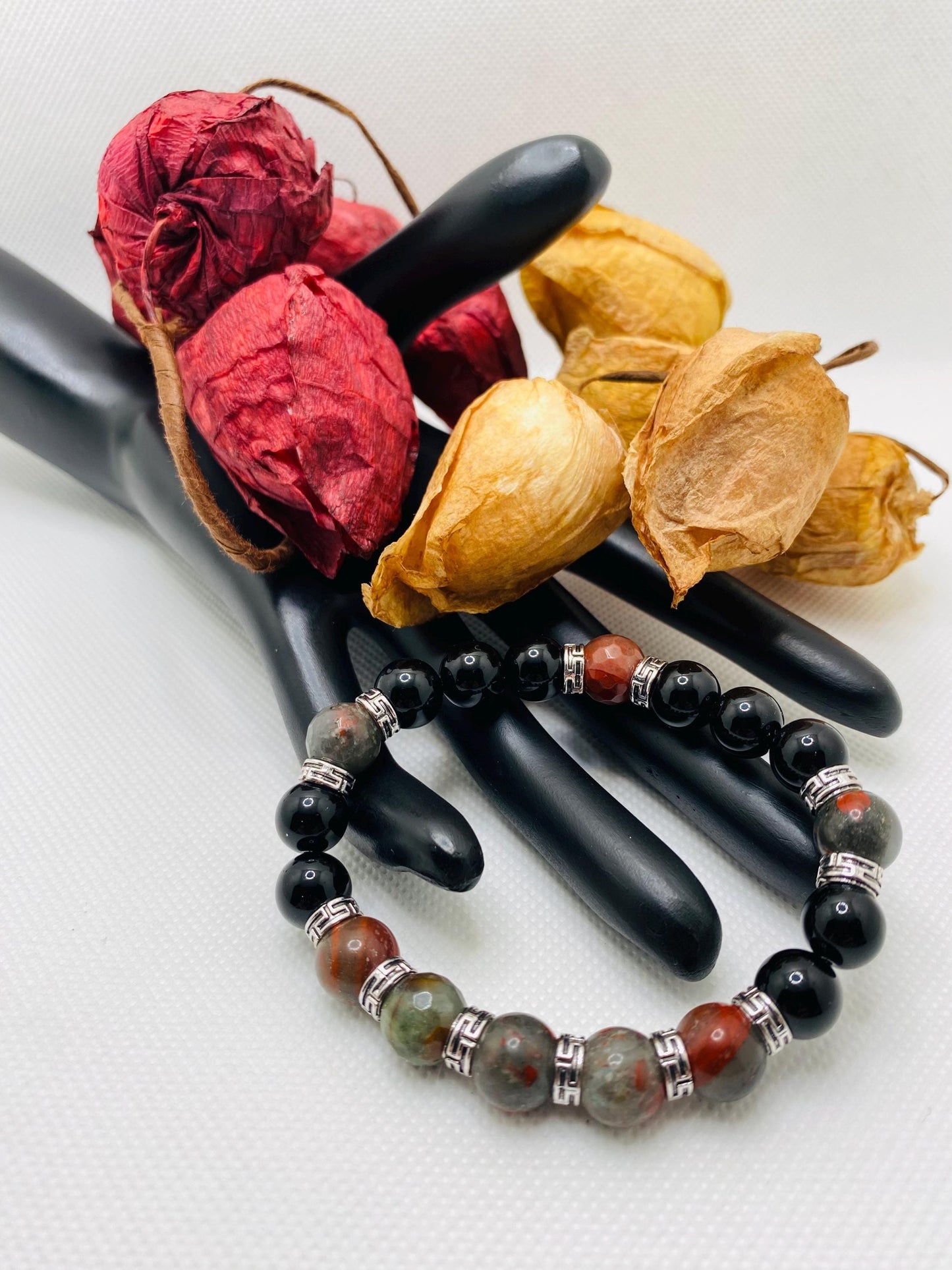 Mens Beaded Bracelet with Onyx & African Jasper Bloodstones, Tibetan Jewelry, Gifts for Men