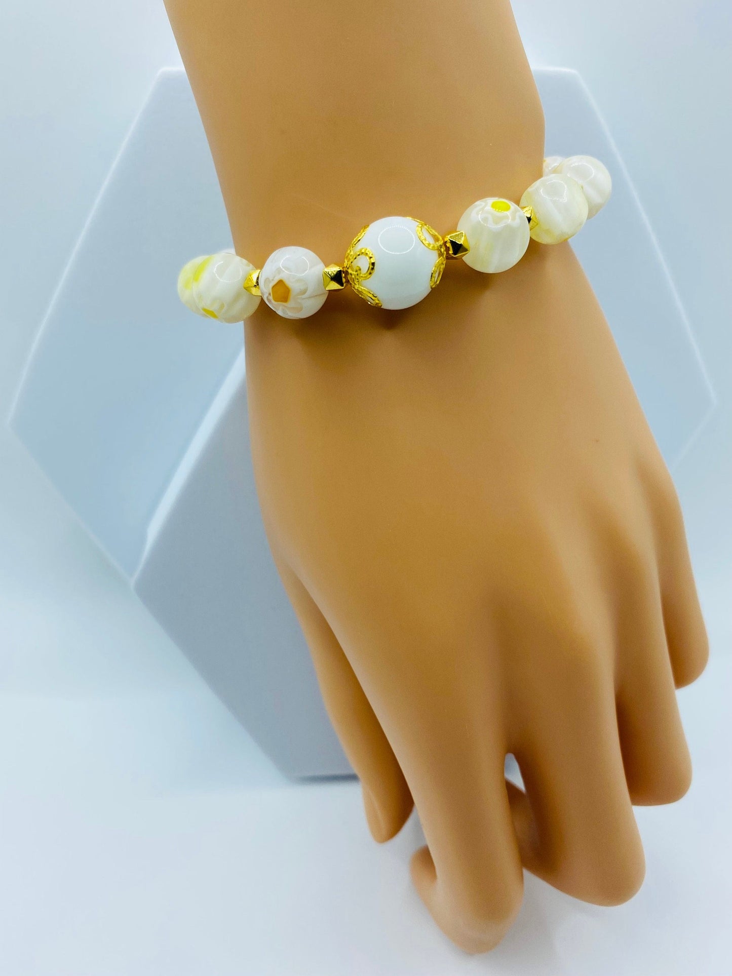 White Jade Bracelet: Millefiori Lampwork Glass Beads, 18k Gold-Plated Accents