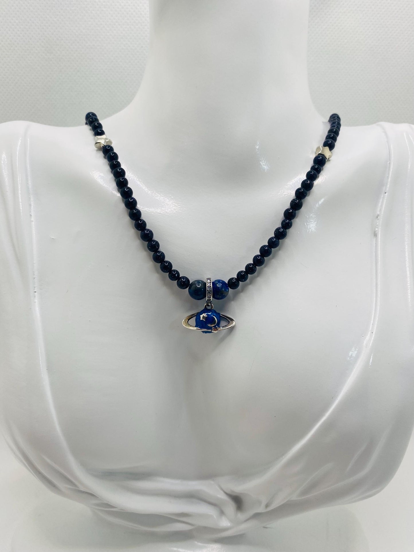 Saturn Necklace: Blue Goldstone Celestial Jewelry