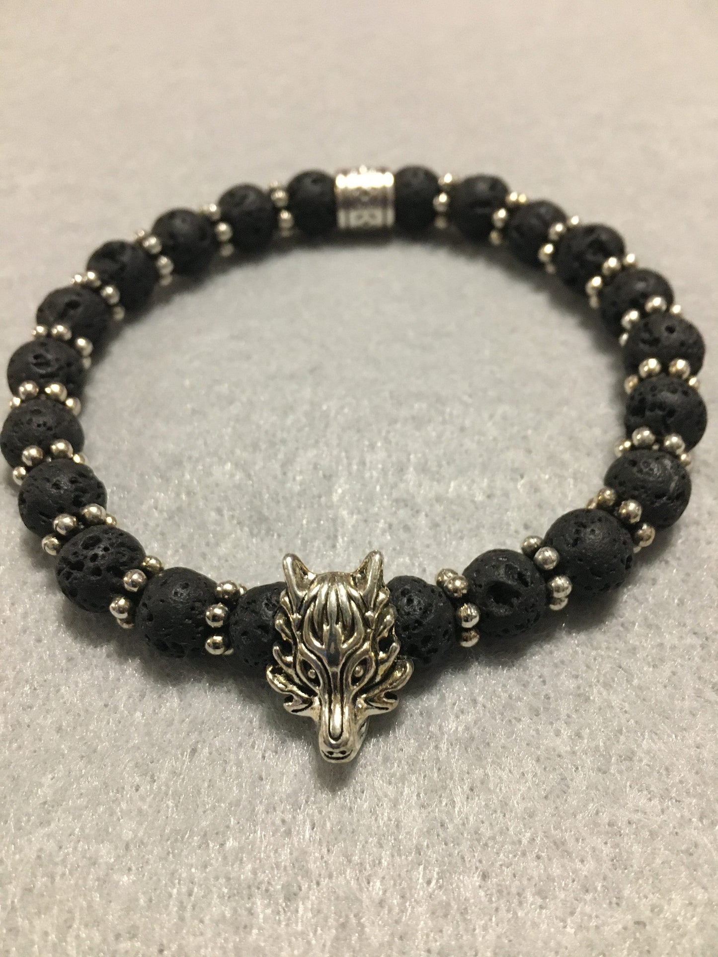 Silver Wolf Lava Rock Bracelet: Goth Men's Jewelry