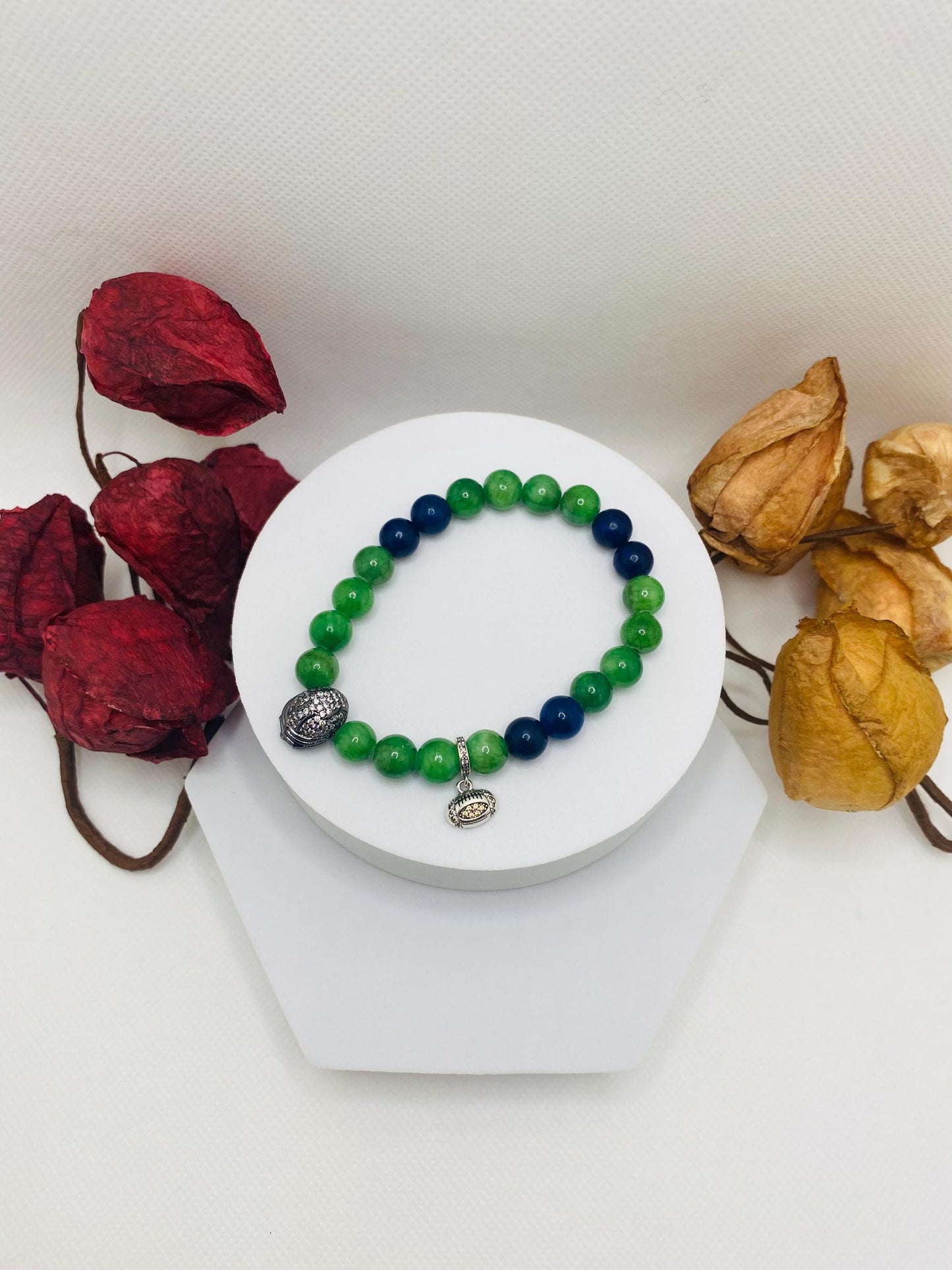 Seattle Seahawks Beaded Bracelet: Chalcedony, Lapis Lazuli, Football Charms