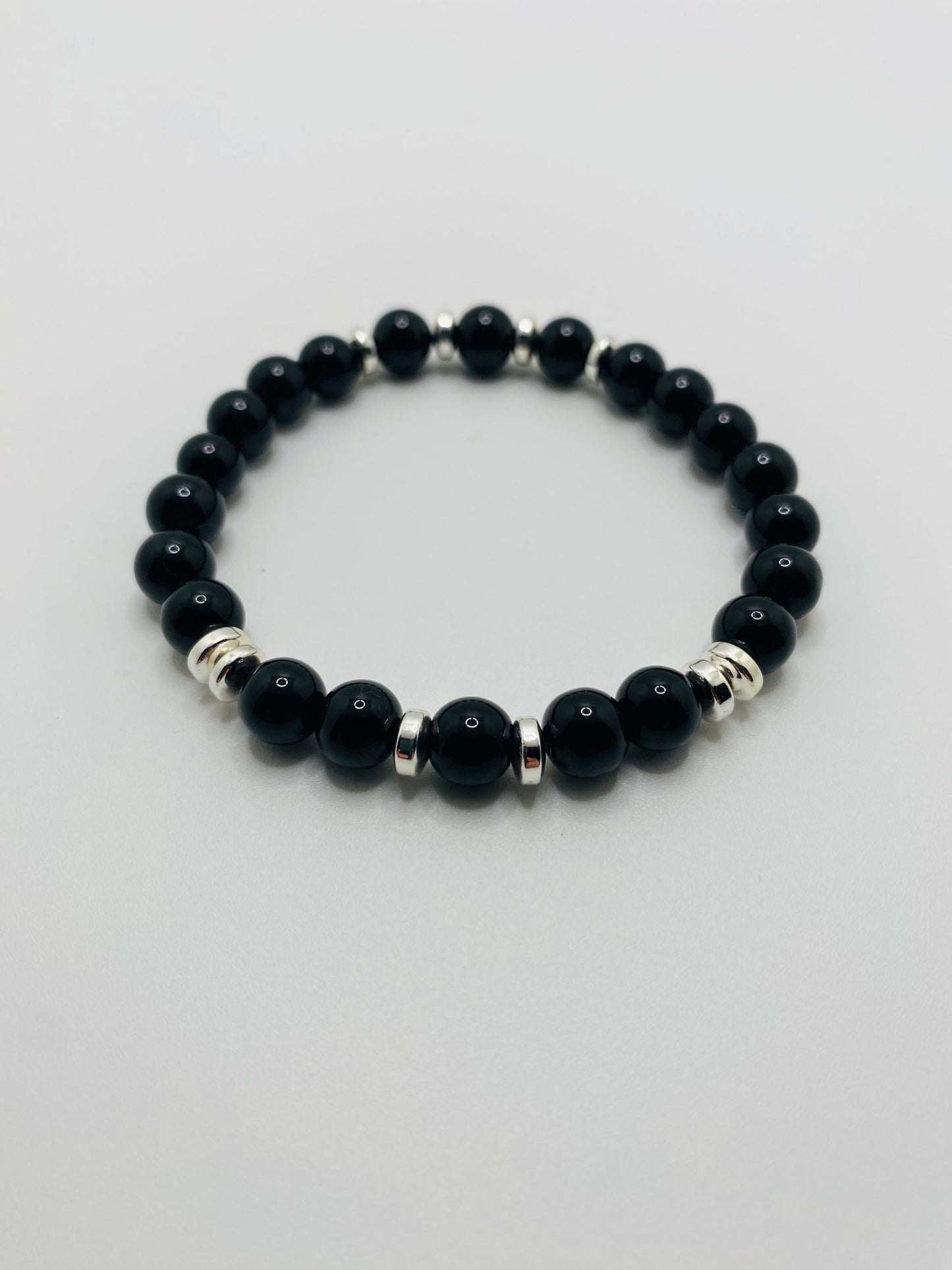 Black Onyx Beaded Bracelet for Men: Silver Plated Accents