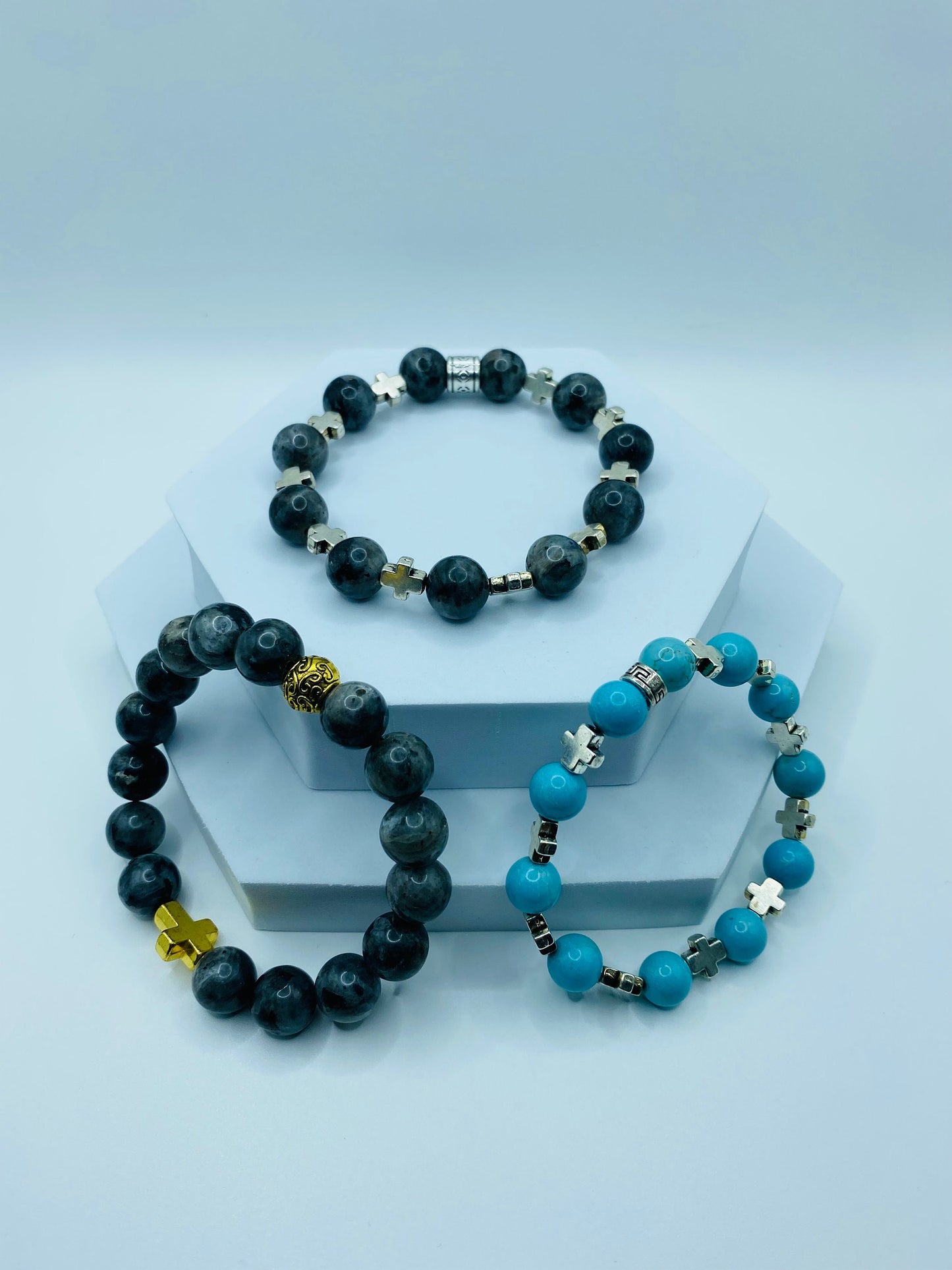 Mens Labradorite Beaded Bracelet with Silver Cross Charms