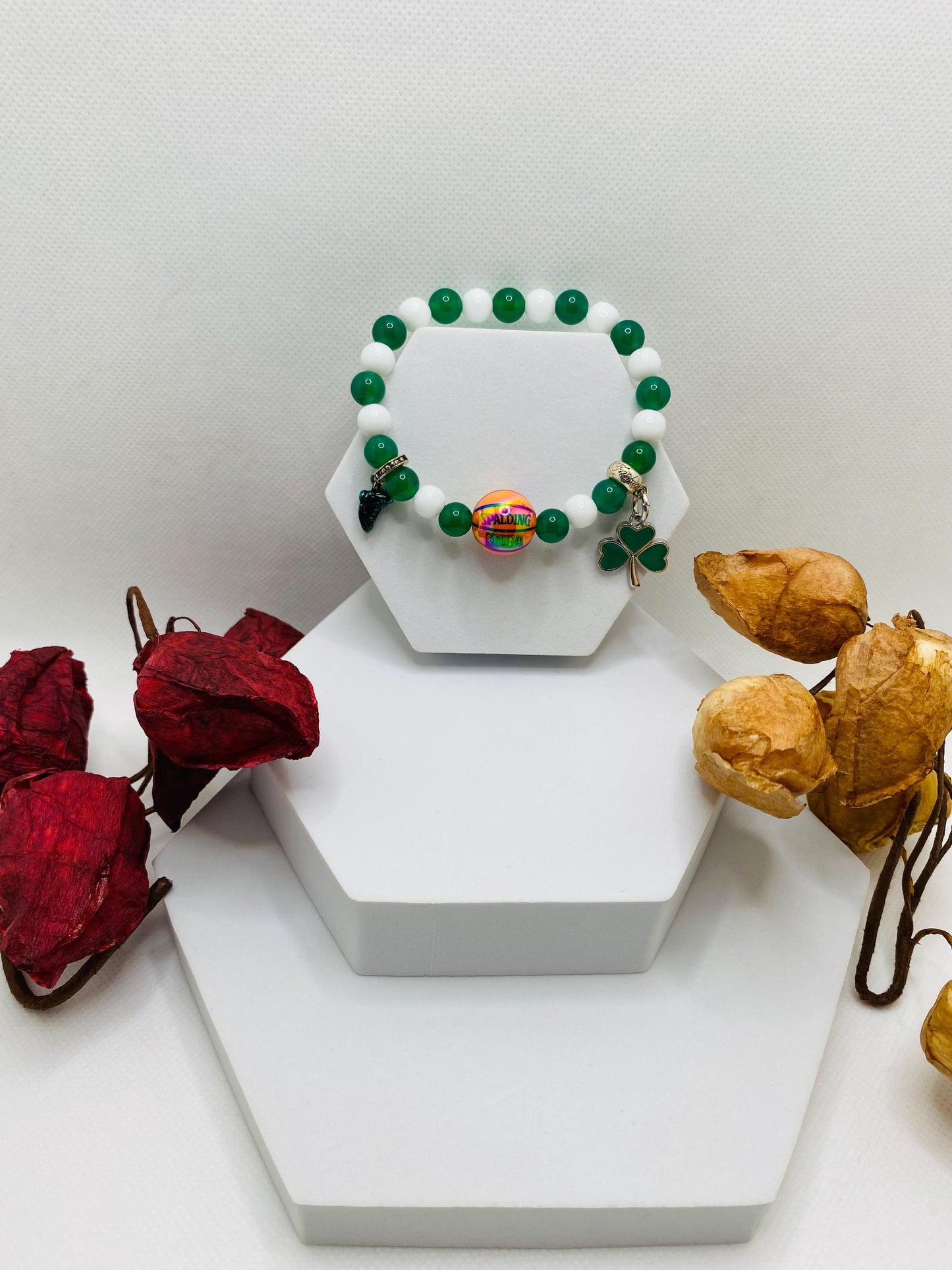 Boston Celtics Jade Beaded Bracelet with Basketball Bead & Clover Charm