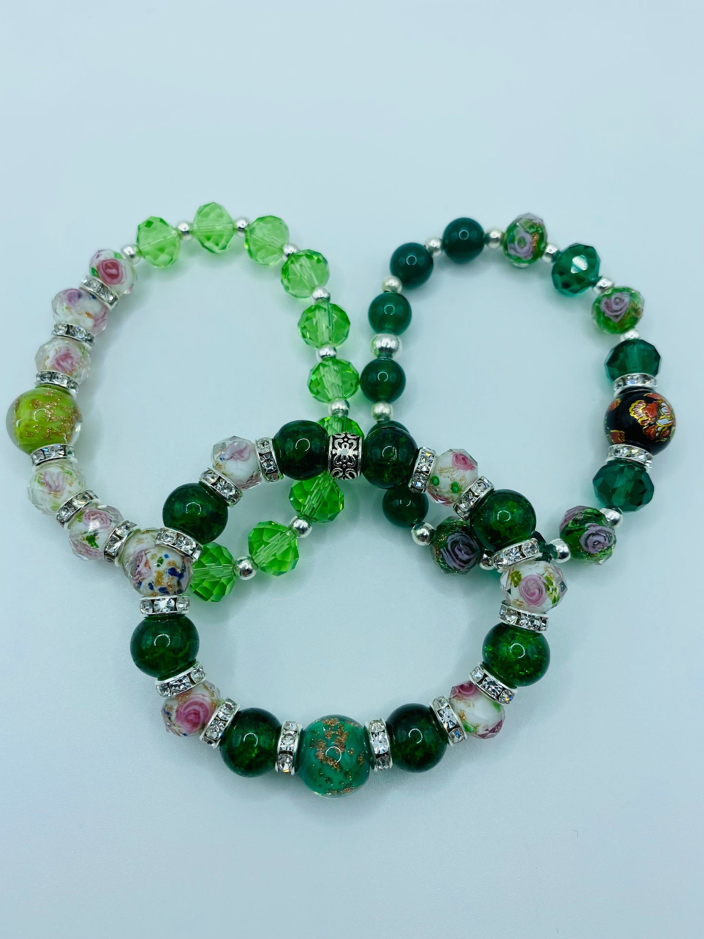 Lampwork Flower Bead Bracelet: Green Crystal, Rhinestone Accent
