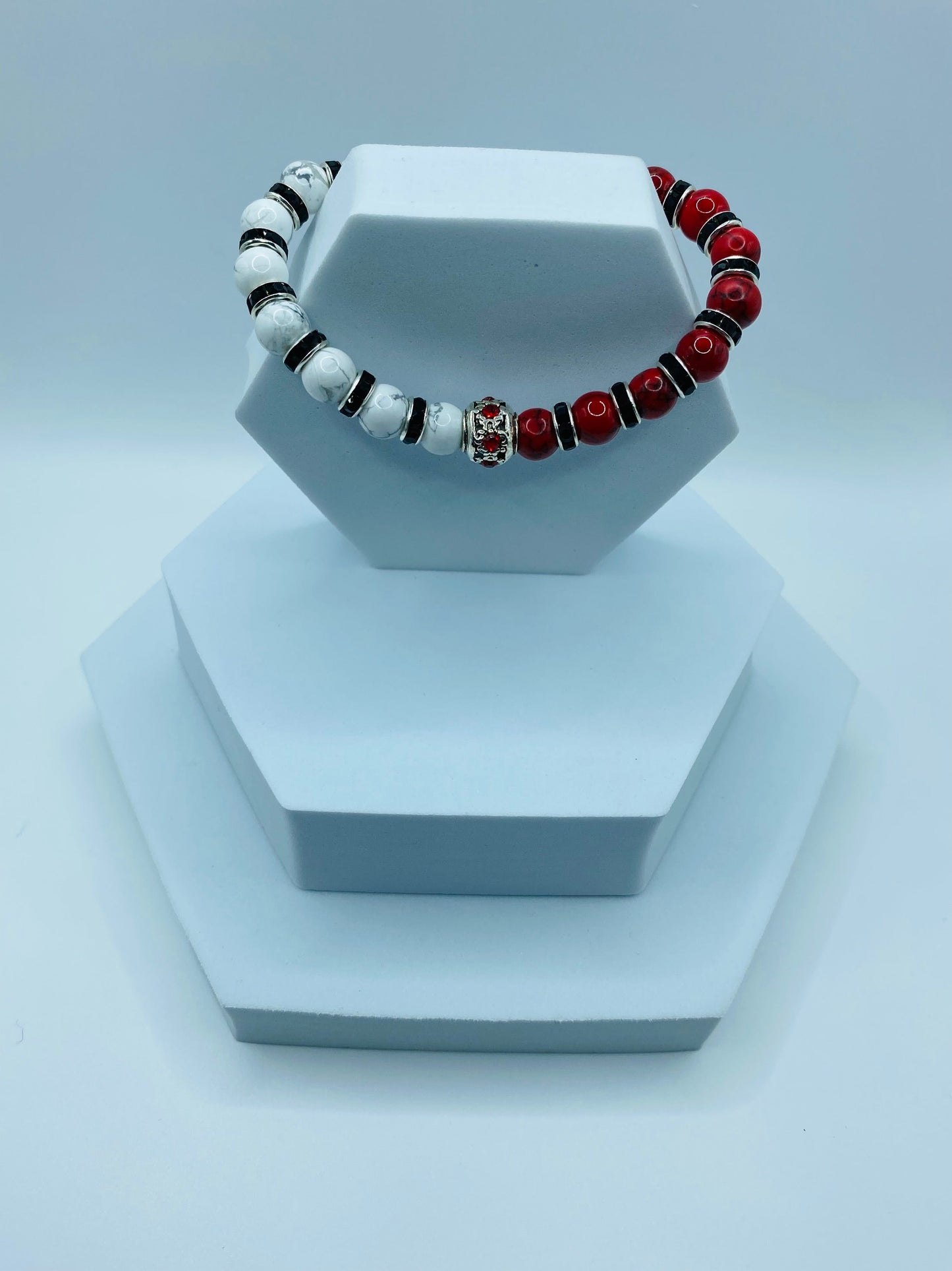 Red Turquoise & Howlite Beaded Bracelet: Silver Rhinestone Charm