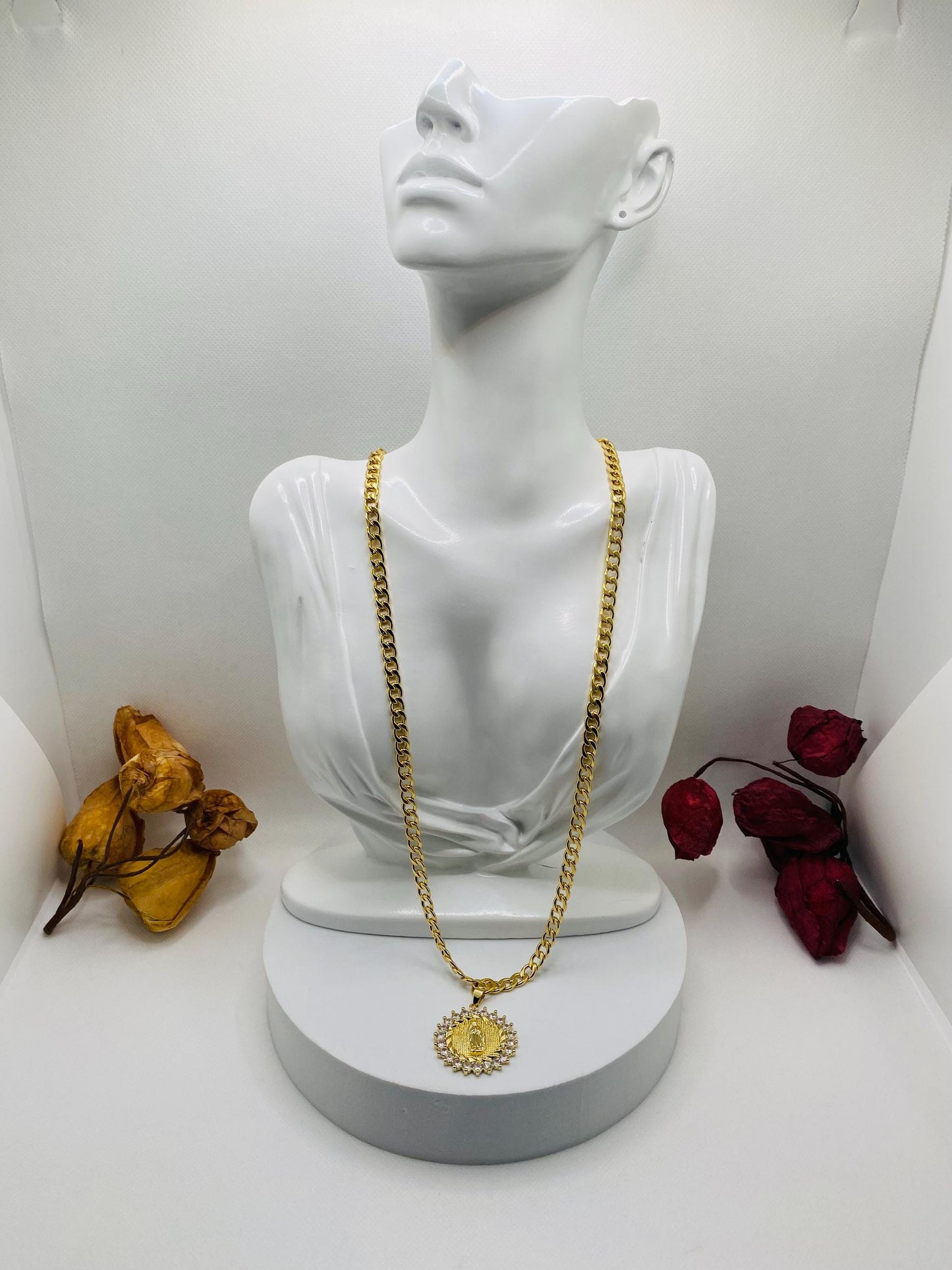 Virgin Mary Necklace: Gold Cuban Link Chain, Religious Jewelry