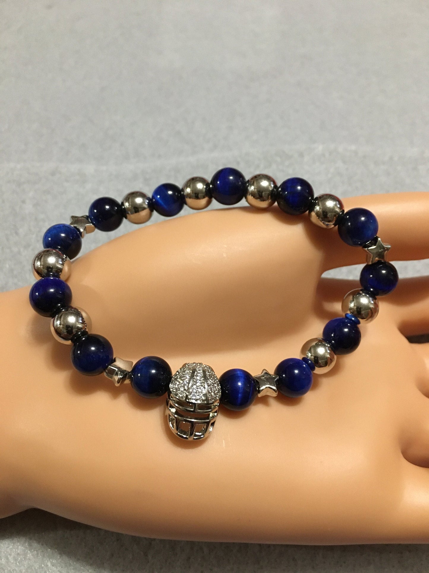 Dallas Cowboys Bracelet: Blue Tigers Eye, Silver Helmet & White Gold Stars