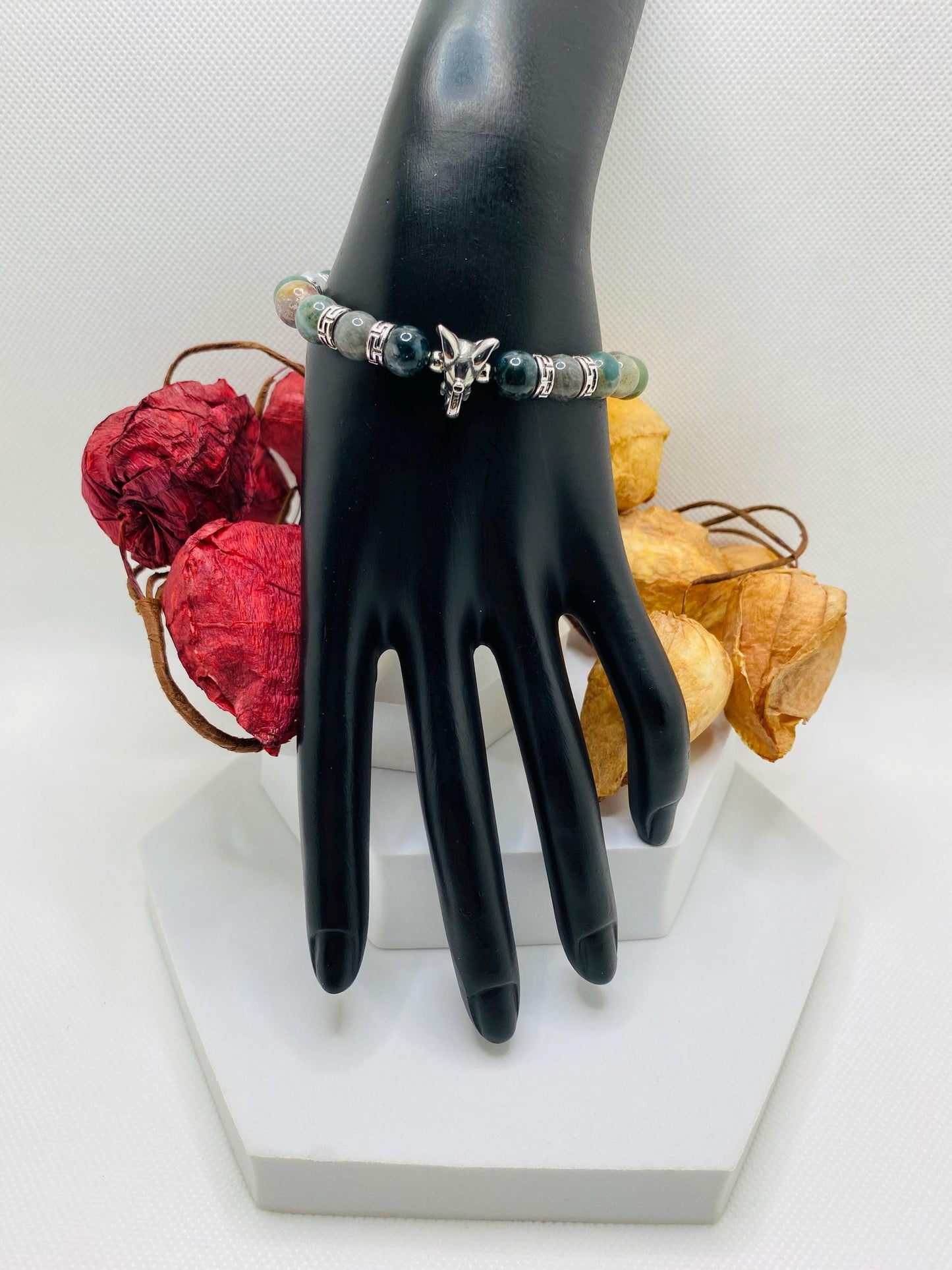 Moss Agate Beaded Bracelet: Elephant Charm, Tibetan Silver Spacers