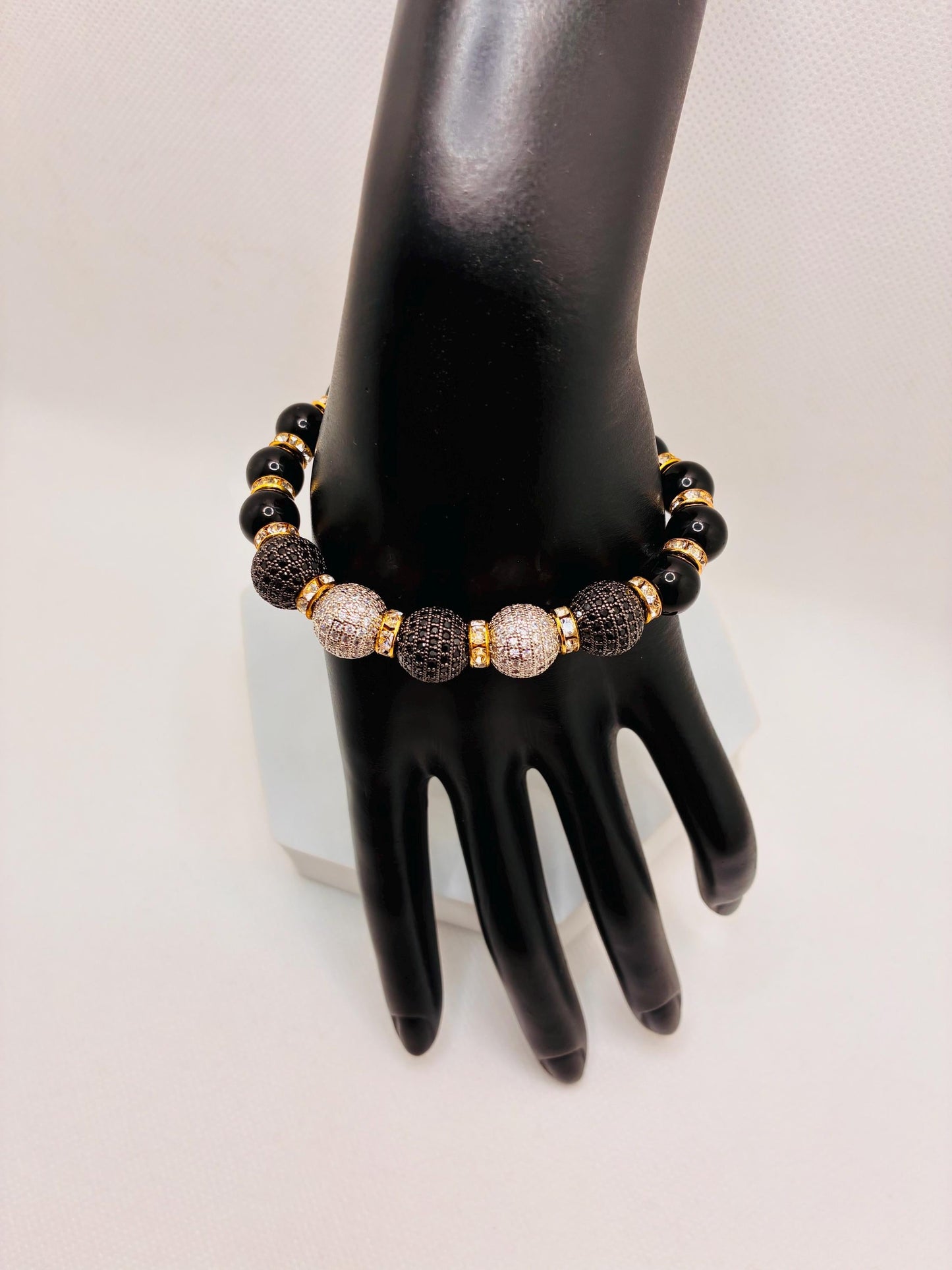 Black Onyx Bracelet with Brass Rhinestone & Zirconia Beads: Gold Plated Rondelles