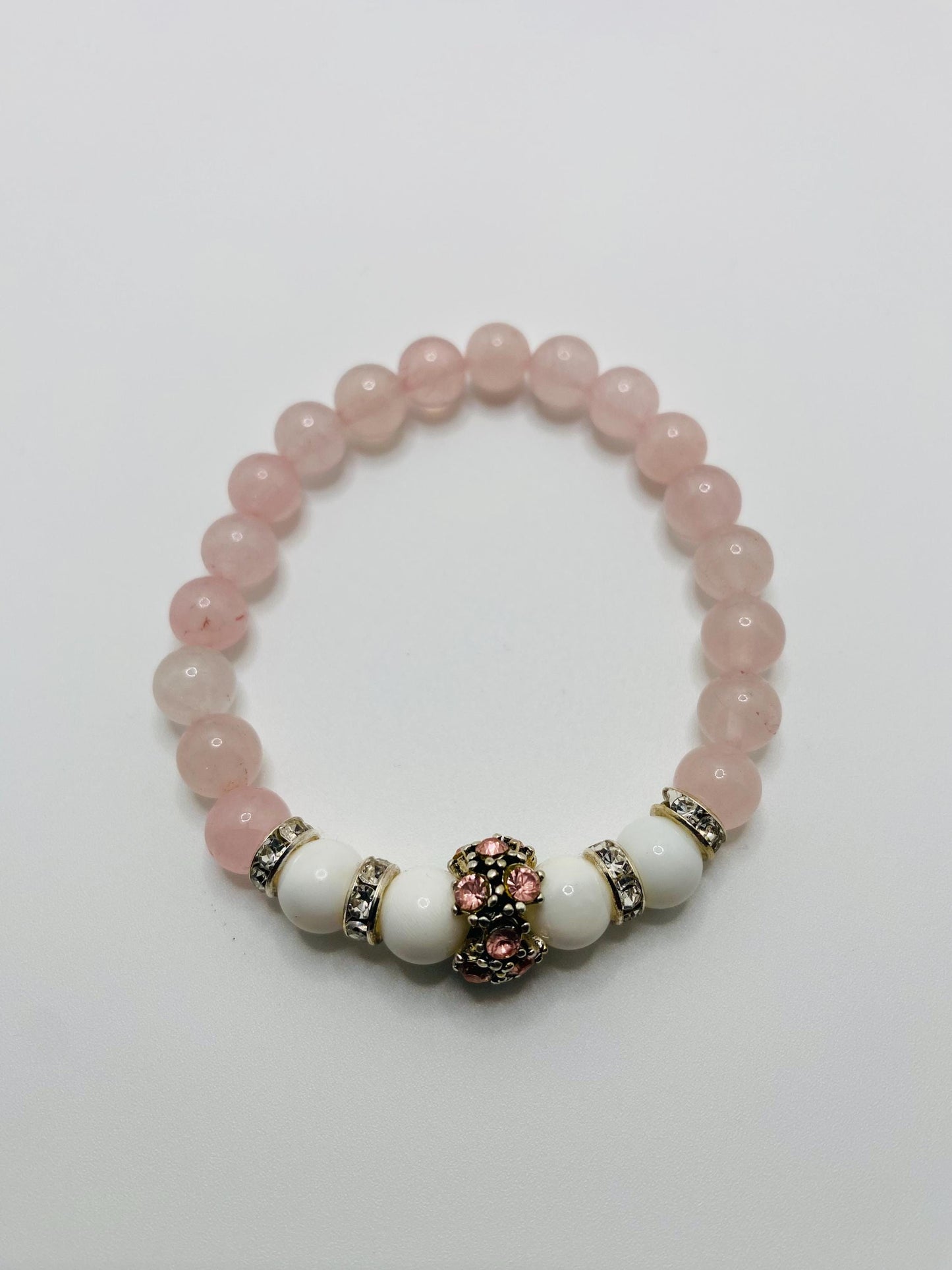 Rose Quartz Charm Bracelet: Agate Beads, Silver Rhinestone Charm