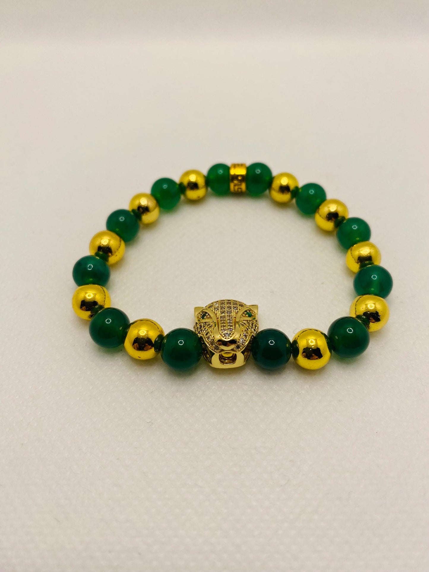 Jade & Hematite Bracelet: Gold CZ Panther Bead, Handmade