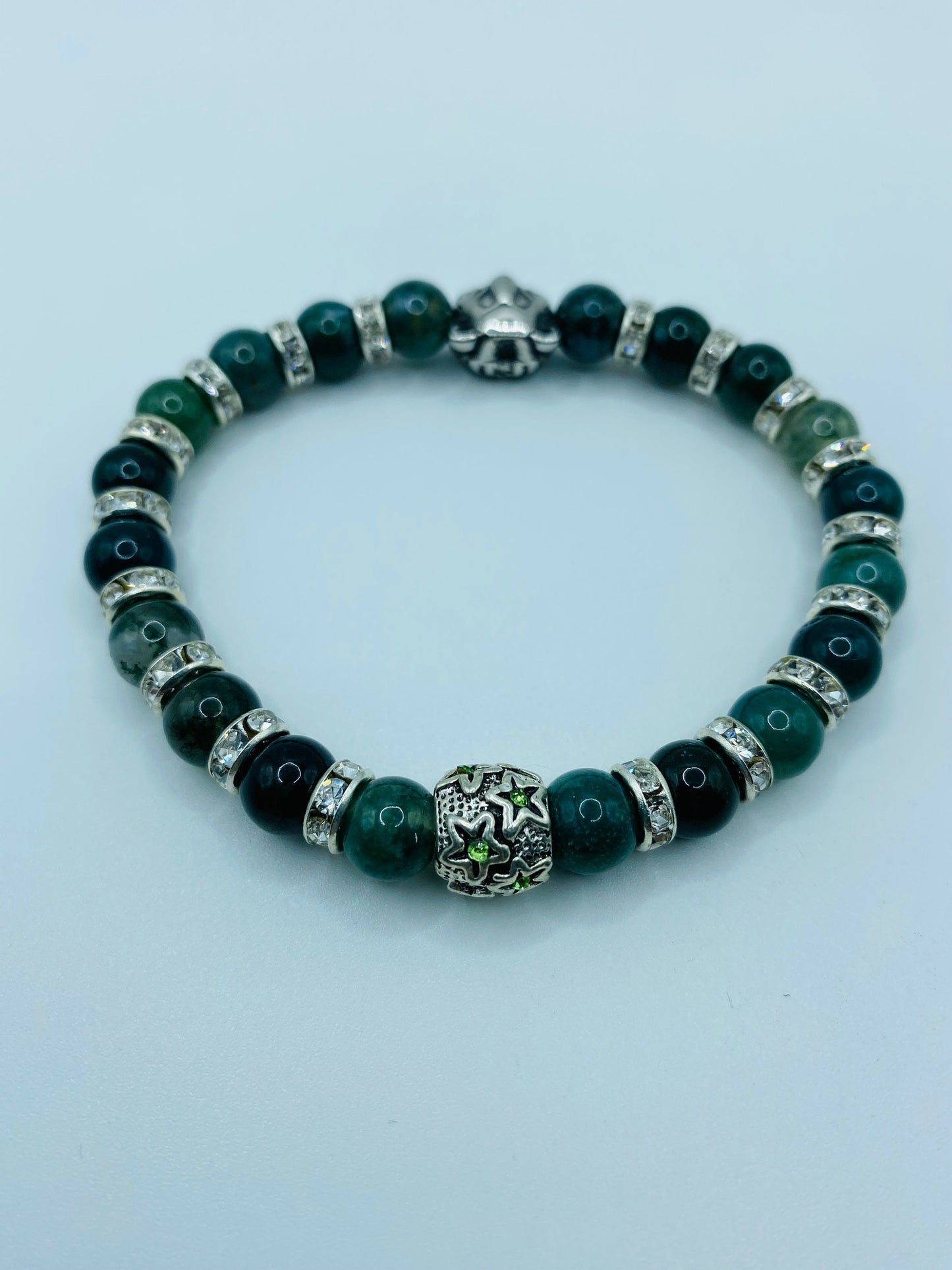 Mens Moss Agate Beaded Bracelet with Stainless Steel Bear Charm