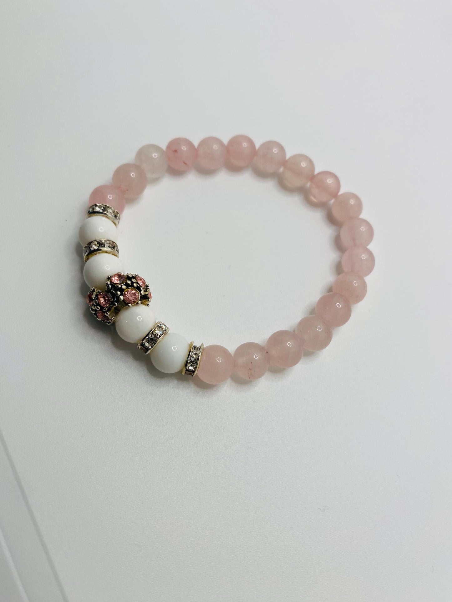 Rose Quartz Charm Bracelet: Agate Beads, Silver Rhinestone Charm