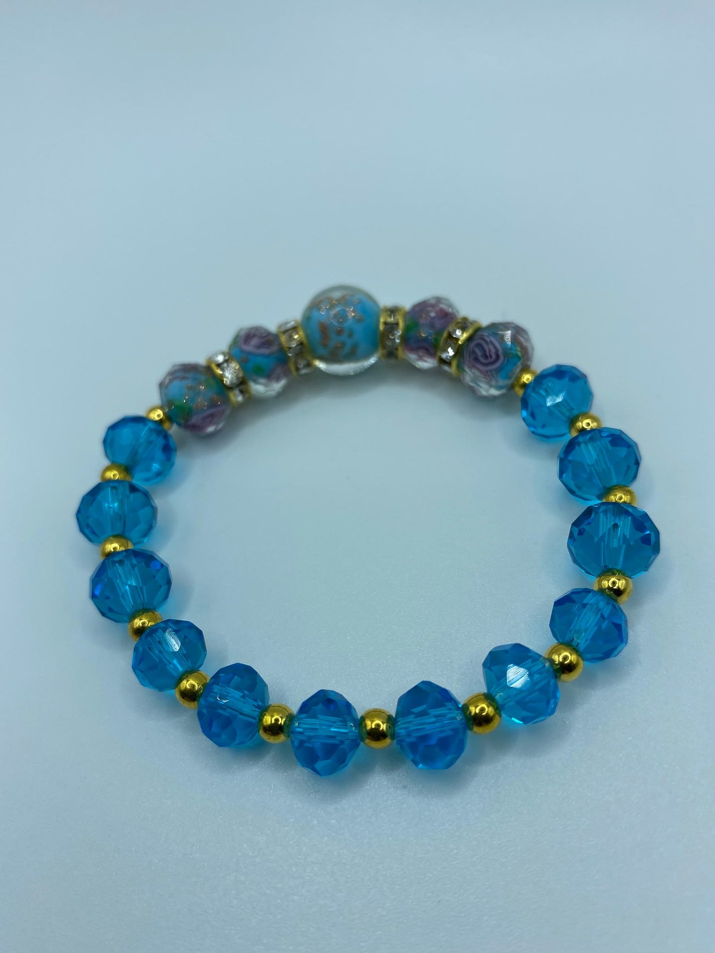 Lampwork Glass Bead Bracelet: Blue Topaz Crystal & 18K Gold Hematite