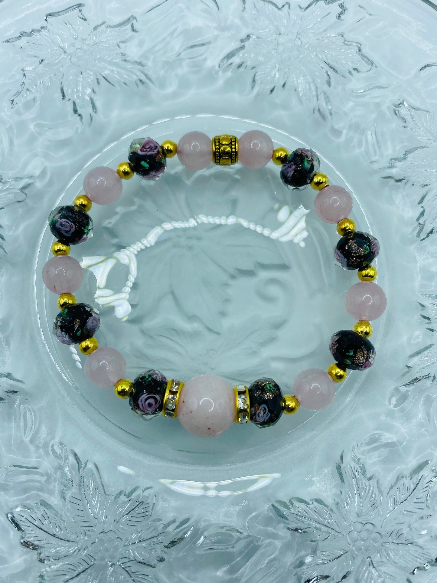 Rose Quartz Bracelet: Lampwork Flower Glass & Gold-Plated Hematite Beads