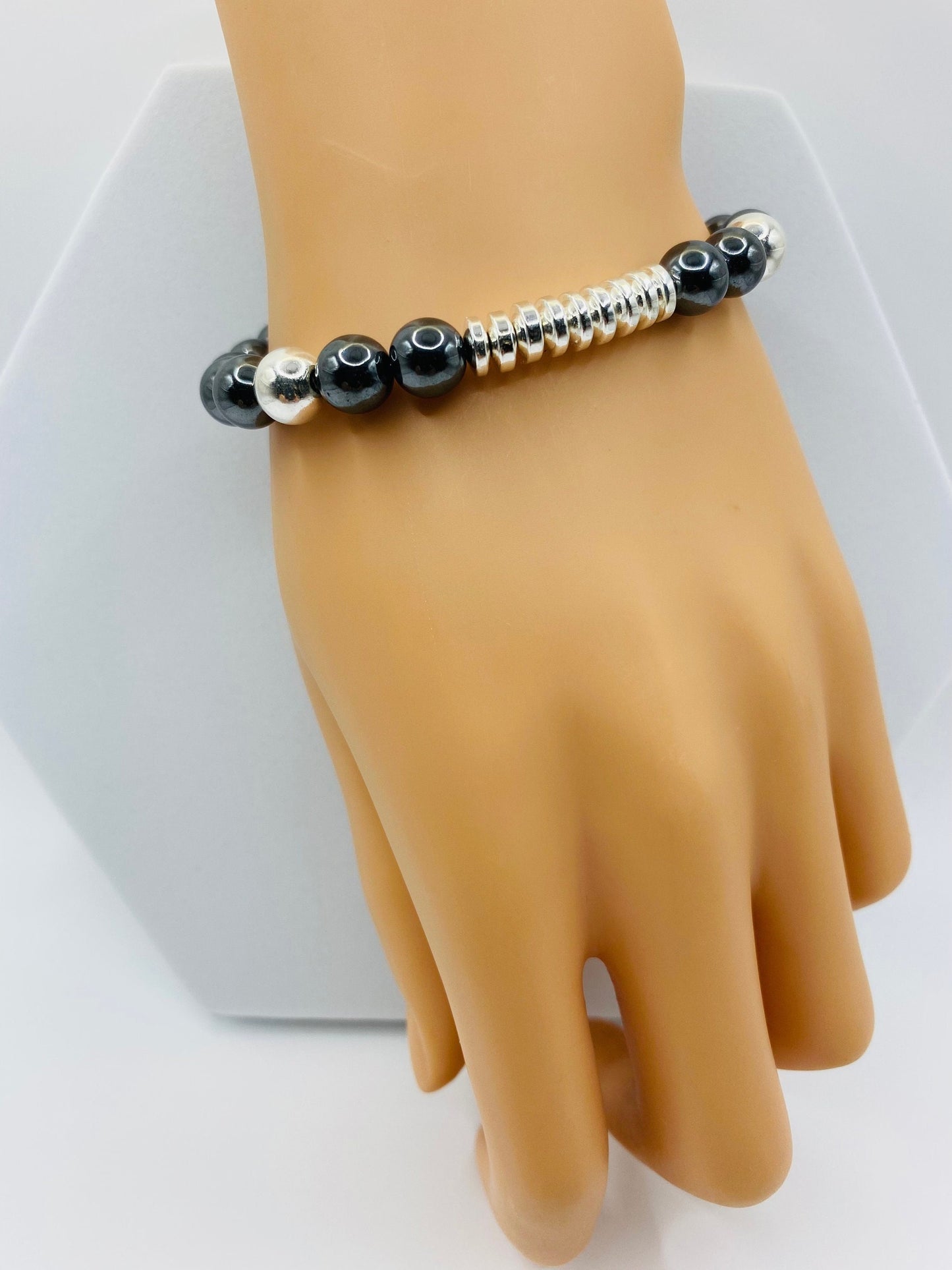 Mens Hematite Beaded Bracelet: Silver Plated Gemstone Jewelry