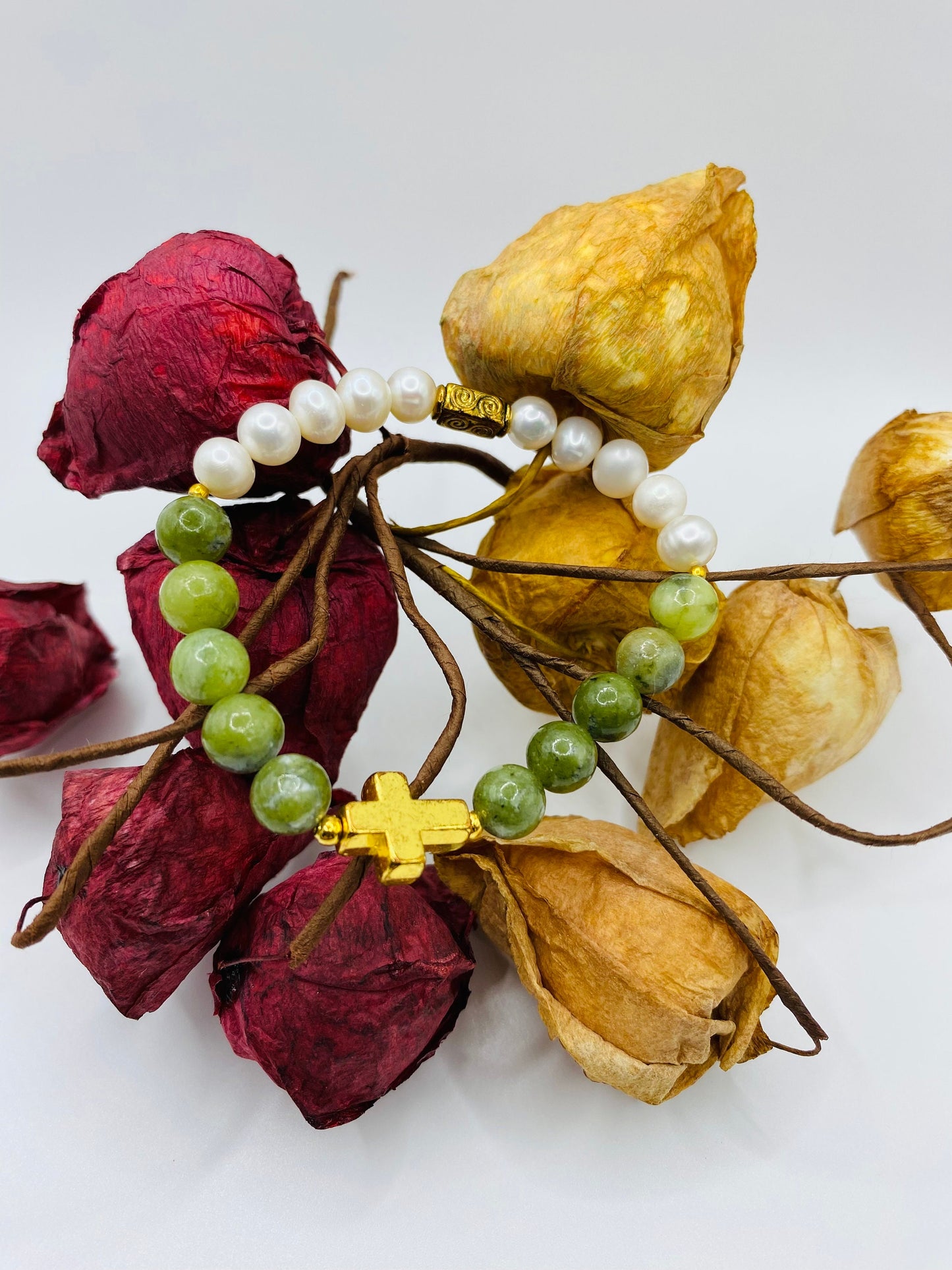 Jade & Pearl Bracelet: Gold Cross Charm, Gemstone Beaded Jewelry