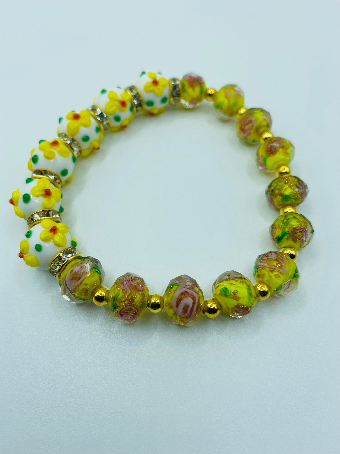 Yellow Flower Lampwork Glass Bead Bracelet: Rhinestone Rondelles