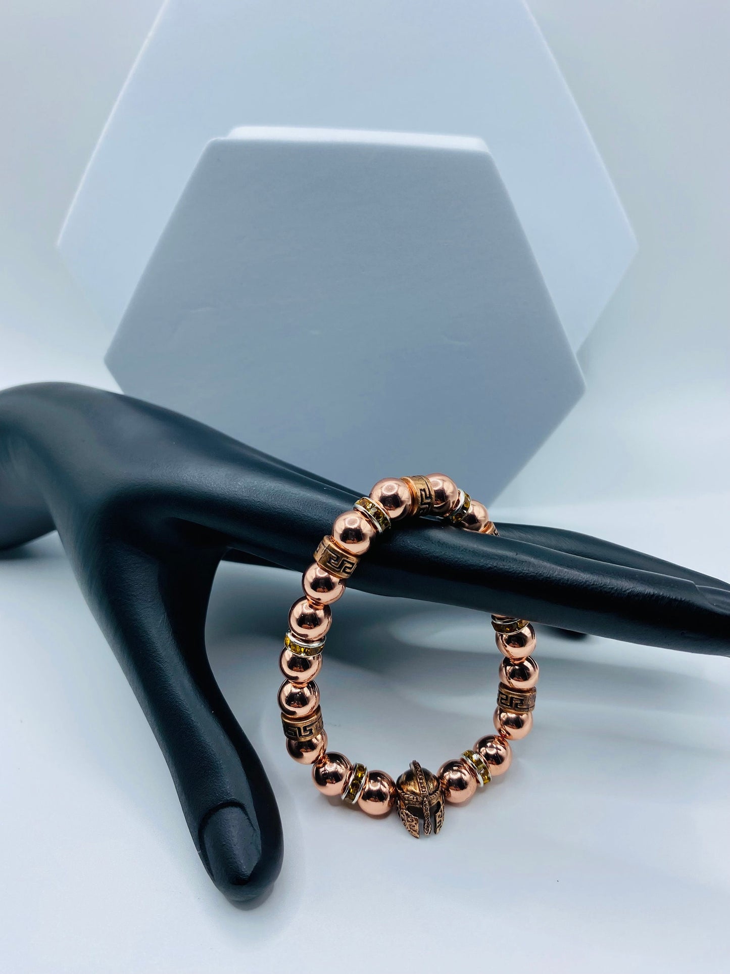 Rose Gold Spartan Helmet Bracelet: Hematite Gemstone Beaded Warrior Jewelry