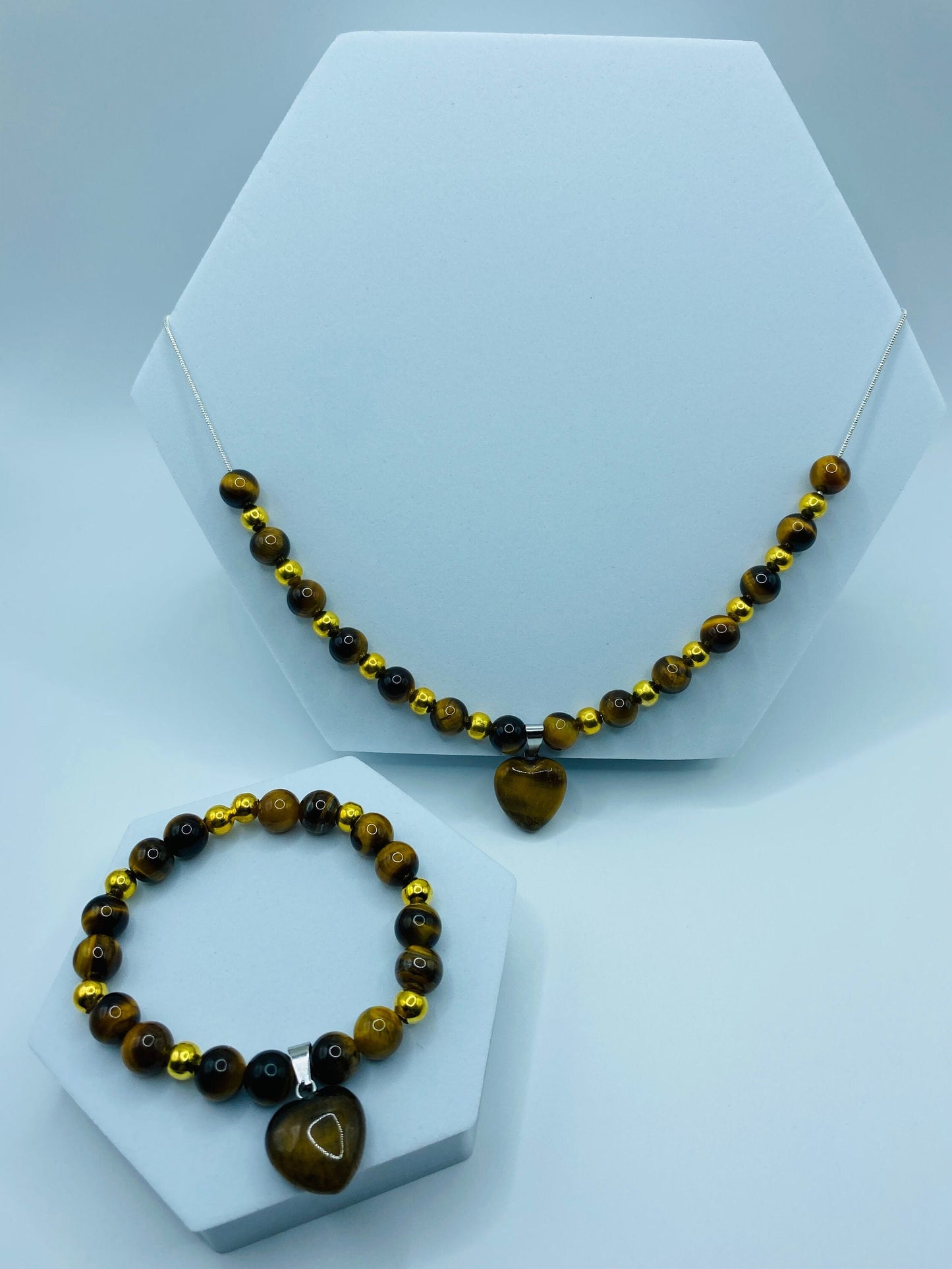 Tiger's Eye Heart Necklace & Bracelet Set: Gold Plated Hematite Beads