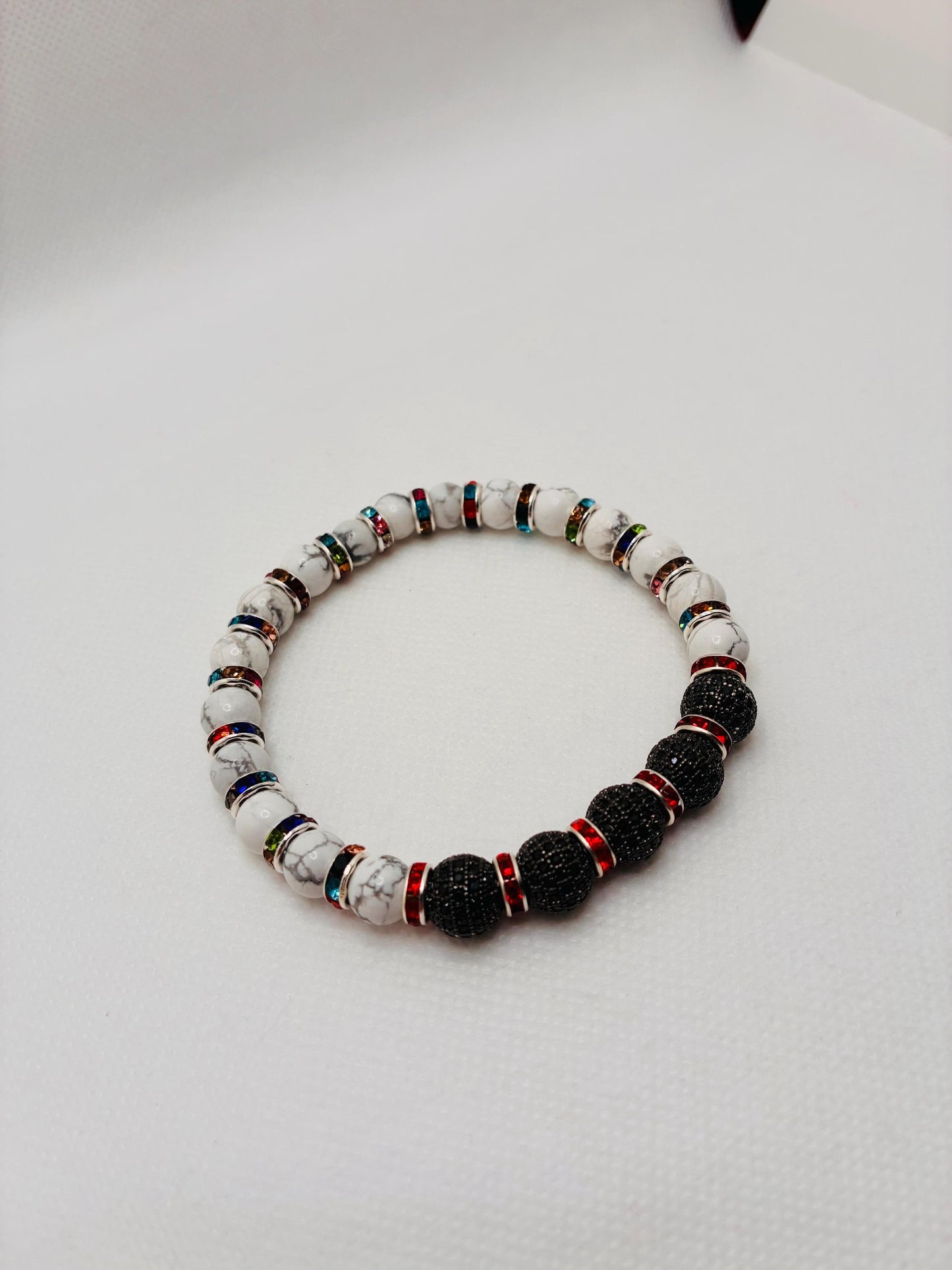 Womens Howlite Bracelet with Zircon Paved Rhinestone Charm Beads, Rainbow Bracelet