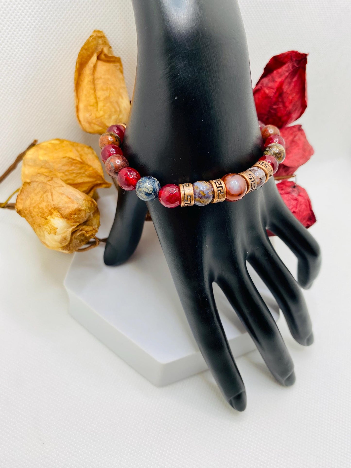 Carnelian Bracelet: Natural Pietersite, Agate, and Tibetan Spacers