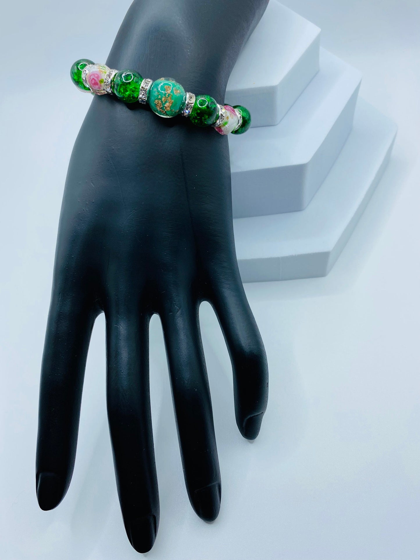 Lampwork Flower Bead Bracelet: Green Crystal, Rhinestone Accent