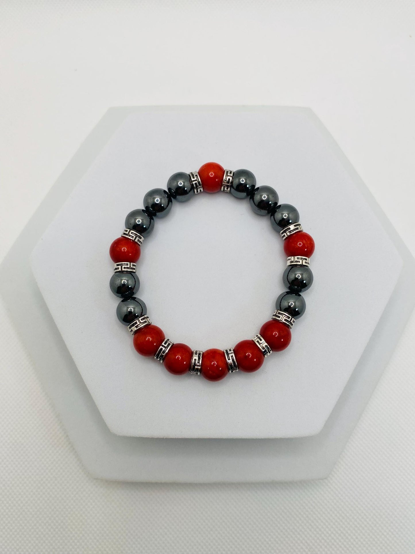Men's Hematite Bracelet: Red Coral Beads, Tibetan Jewelry
