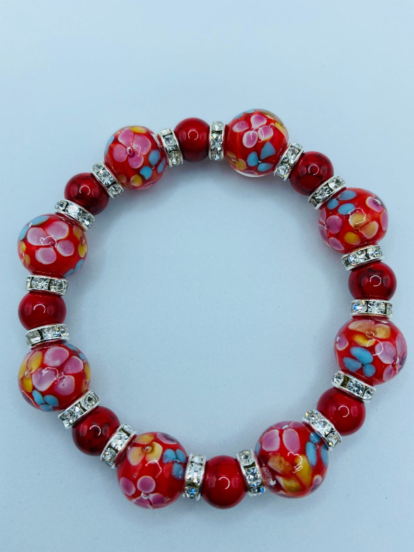 Red Lampwork Flower Bracelet: Turquoise & Rhinestone Beaded Jewelry