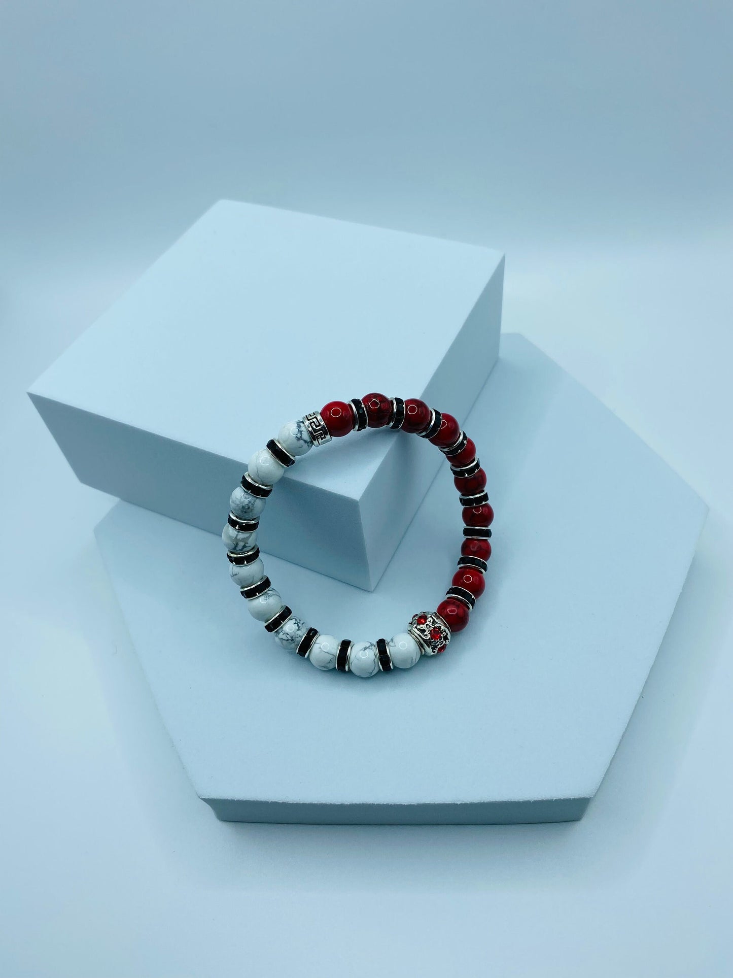Red Turquoise & Howlite Beaded Bracelet: Silver Rhinestone Charm
