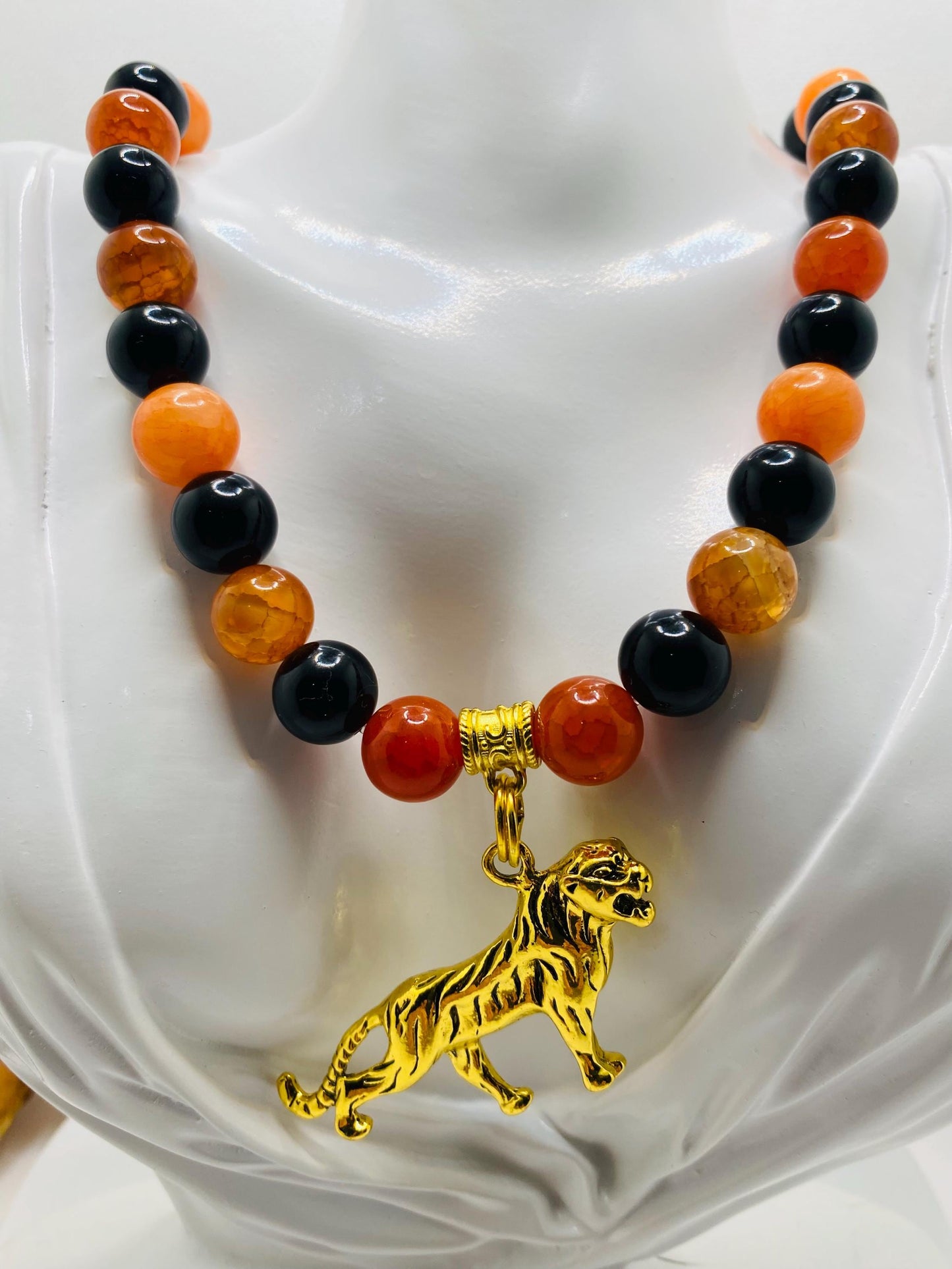 Cincinnati Bengals Charm Necklace for Men, Mens Necklace with Gemstone Beads, Tiger Pendant