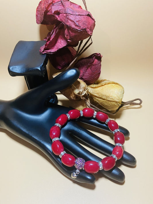 Red Jade Beaded Bracelet: Rhinestone Heart Charm, Silver Details