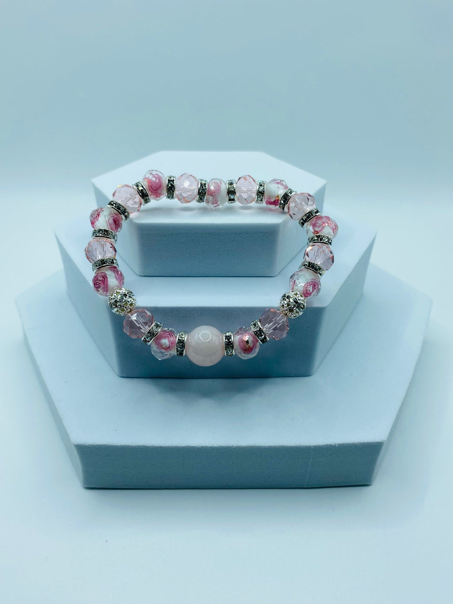 Lampwork Beads Flower Girl Bracelet - Rose Quartz Crystal Bracelets for Women - Pink Glass Beads